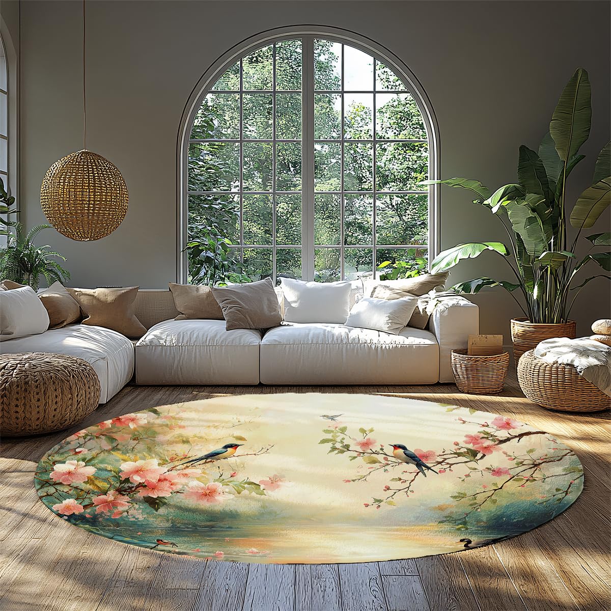 Tapis rond 180cm fausse laine motif cerisier oiseaux antidérapant pour couloir