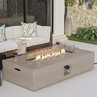 COSIEST Outdoor Propane Fire Pit Table, 56-inch x 28-inch Rectangle Gray Concrete-Like Finish, Certified, 50,000 BTU Stainless Steel Burner w Transparent Gray Fire Glass, Wind Guard, Raincover