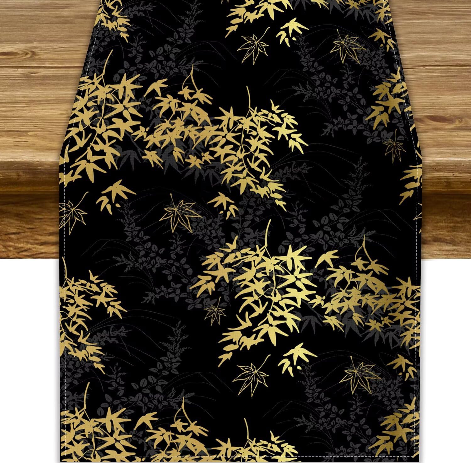 Japanese Bamboo Print Table Runner, Black Glod Traditional Oriental Ink Chinese Style Dinner Table for Home Party Kitchen Dining Table Wedding Decor 13x60in
