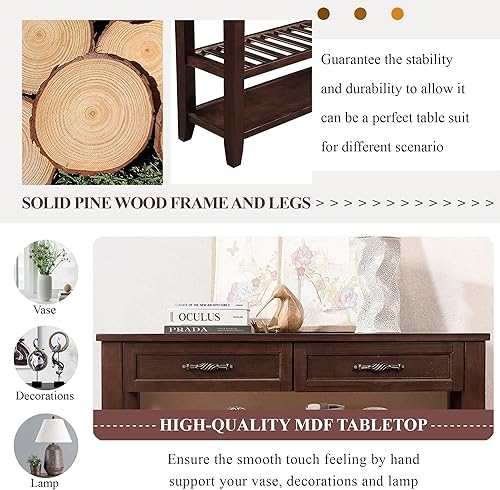 Miniatura 7 de RUNNA Mesa de sofá consola con 2 cajones de almacenamiento y estantes de 2 niveles, aparador de madera maciza para sala de estar, muebles, cocina,