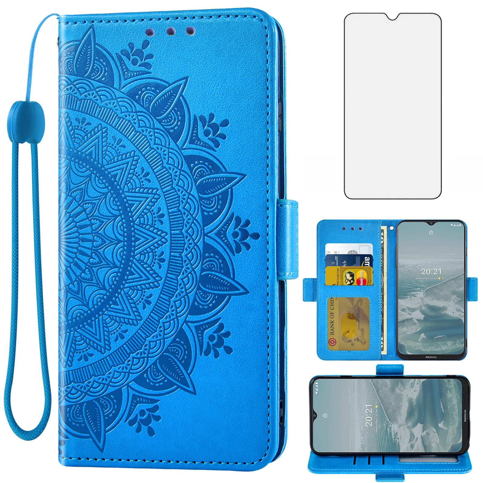 Asuwish Compatible with Nokia G10/G20/6.3 Wallet Case Tempered Glass Screen Protector Credit Card Holder Flip Wrist Strap Cell Phone Cover for NokiaG10 NokiaG20 Android 11 TA-1334 Men Blue