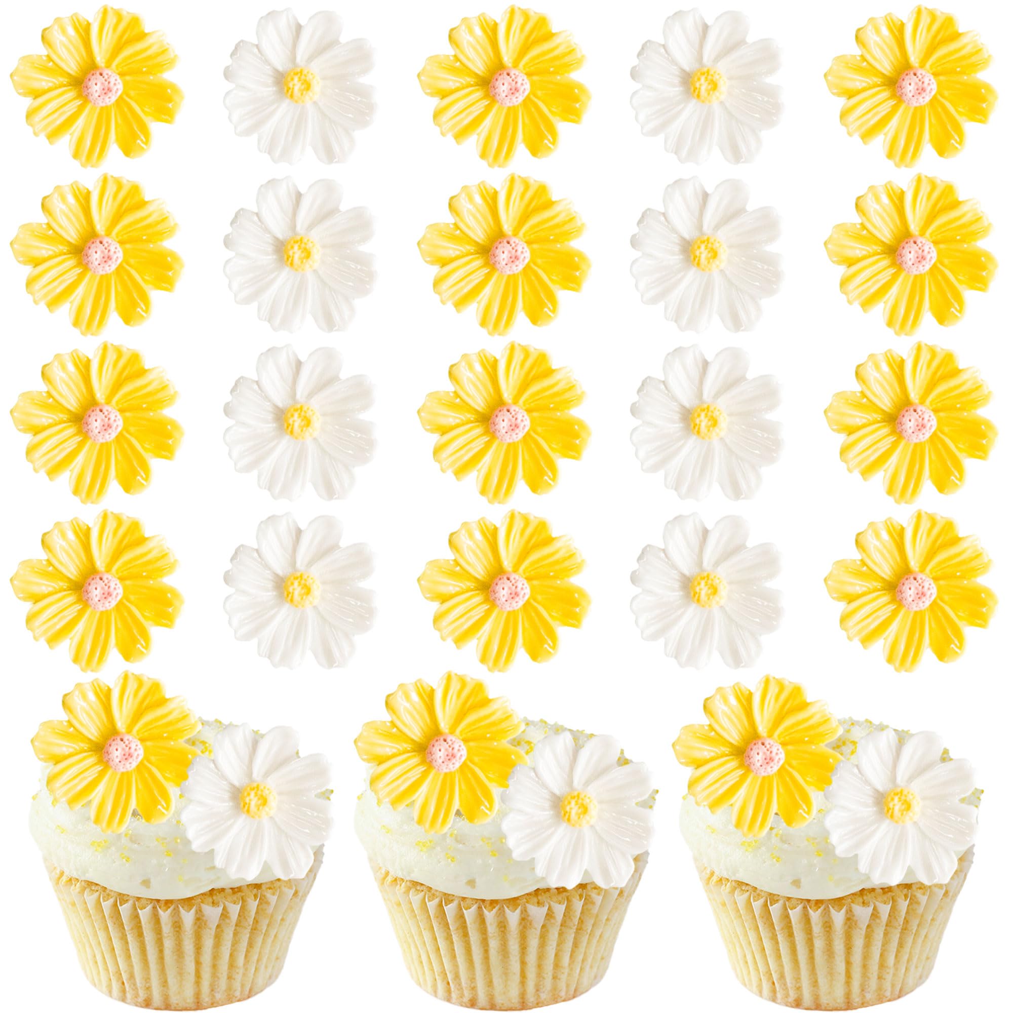 Gyufise 30Pcs Daisy Cupcake Toppers Chrysanthemum Flower Cupcake Picks Gender Reveal Cake Decorations for Baby Shower Gender Reveal Boys Girls Birthday Party Supplies White Yellow 4