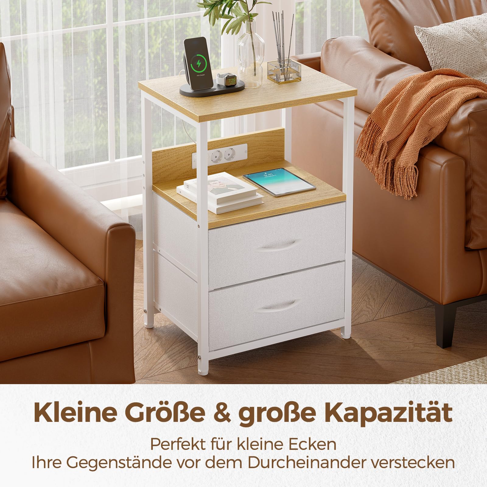 Rolanstar Nachttisch mit Ladefunktion, Beistelltisch mit LED-Leuchten, 2 Stoffschubladen & 3-stufiger Aufbewahrungs, Nachtschrank aus Holz für Schlafzimmer (1, Hellbeige)