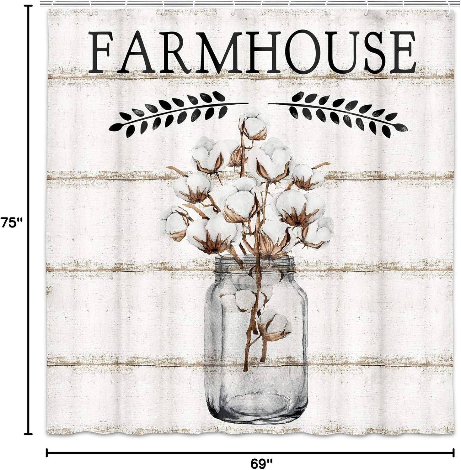 Farmhouse Shower Curtain, Farm Cotton Flower in Jar with Peace Branch on Country Rustic Wooden Plank Fabric Shower Curtain Set, Bathroom Accessories Decor, Hooks Included 69x75