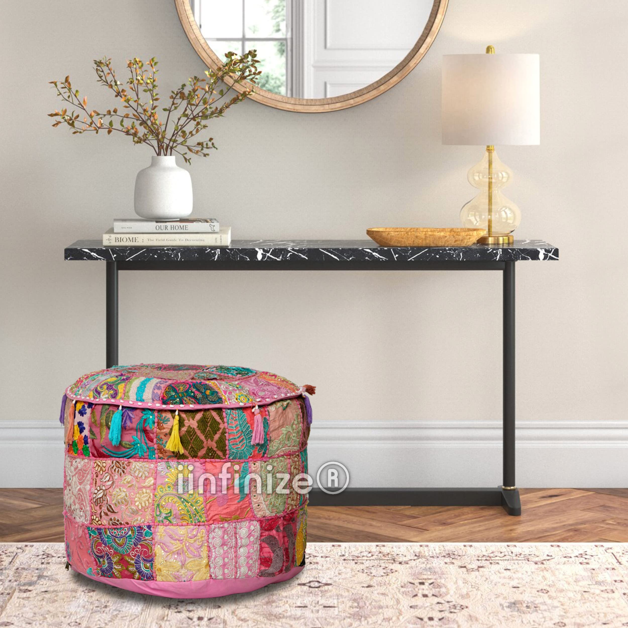 iinfinize Indian Round Patch Work Embroidered Ottoman Pouf, Indian Round Ottoman Stool Pouf Pillow Patterned Cocktail Vintage Hassock Pouffe, Cotton Handmade Ottoman Pouf (03 Pink)