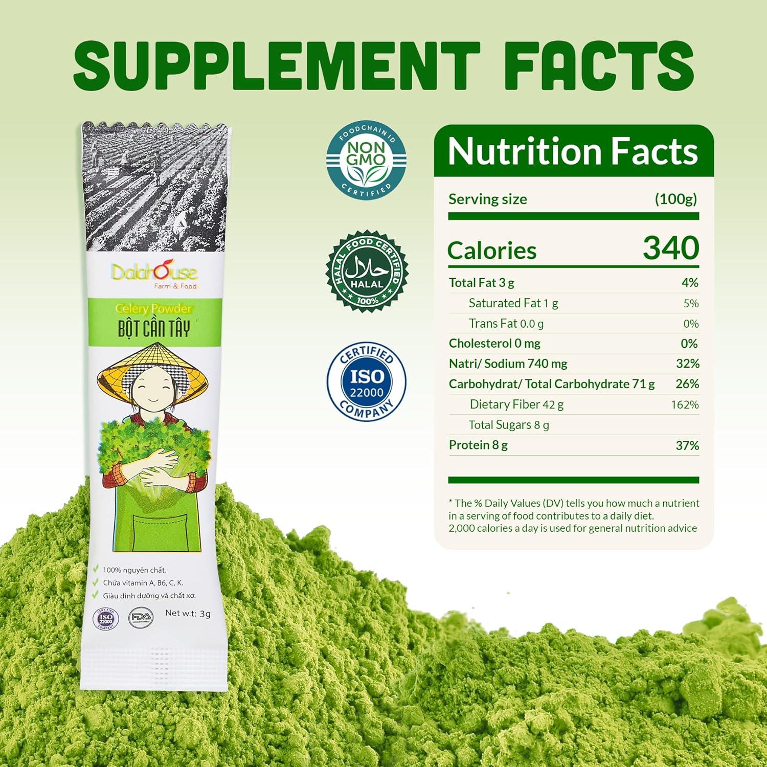 100% Freeze-Dried Celery Powder, Pure Juice for Women & Men, Nutritional Vegetable Supplement, Healthy Drink Mix, Smoothie & Baking Ingredient (20 Sachets x 2.1 oz) - Pack of 2