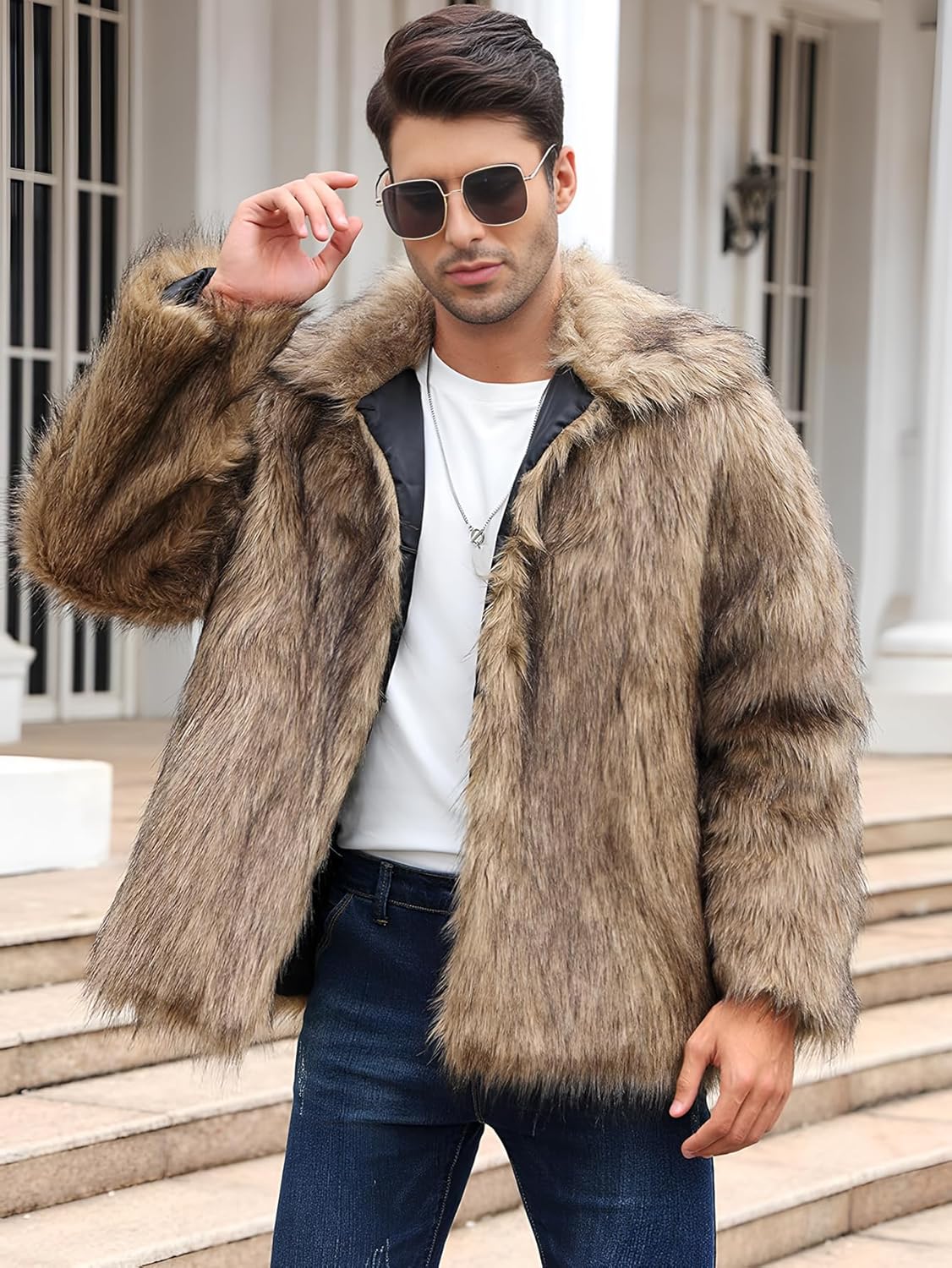 Ogfao Mens Faux Fur Jacket Luxury Fluffy Furry Coats Winter Lapel Collar Outerwear Warm Cardigans with Pockets