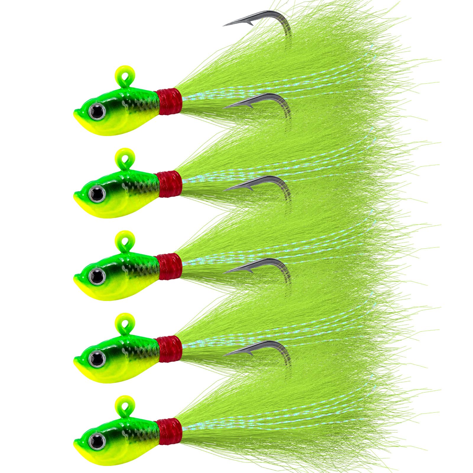 Alwonder 5-Pack Bucktail Jigs Hair Jigs Saltwater Freshwater Fishing Bucktail Lures Surf Fishing Jig Heads White Luminous Chartreuse Swimbait Jig for