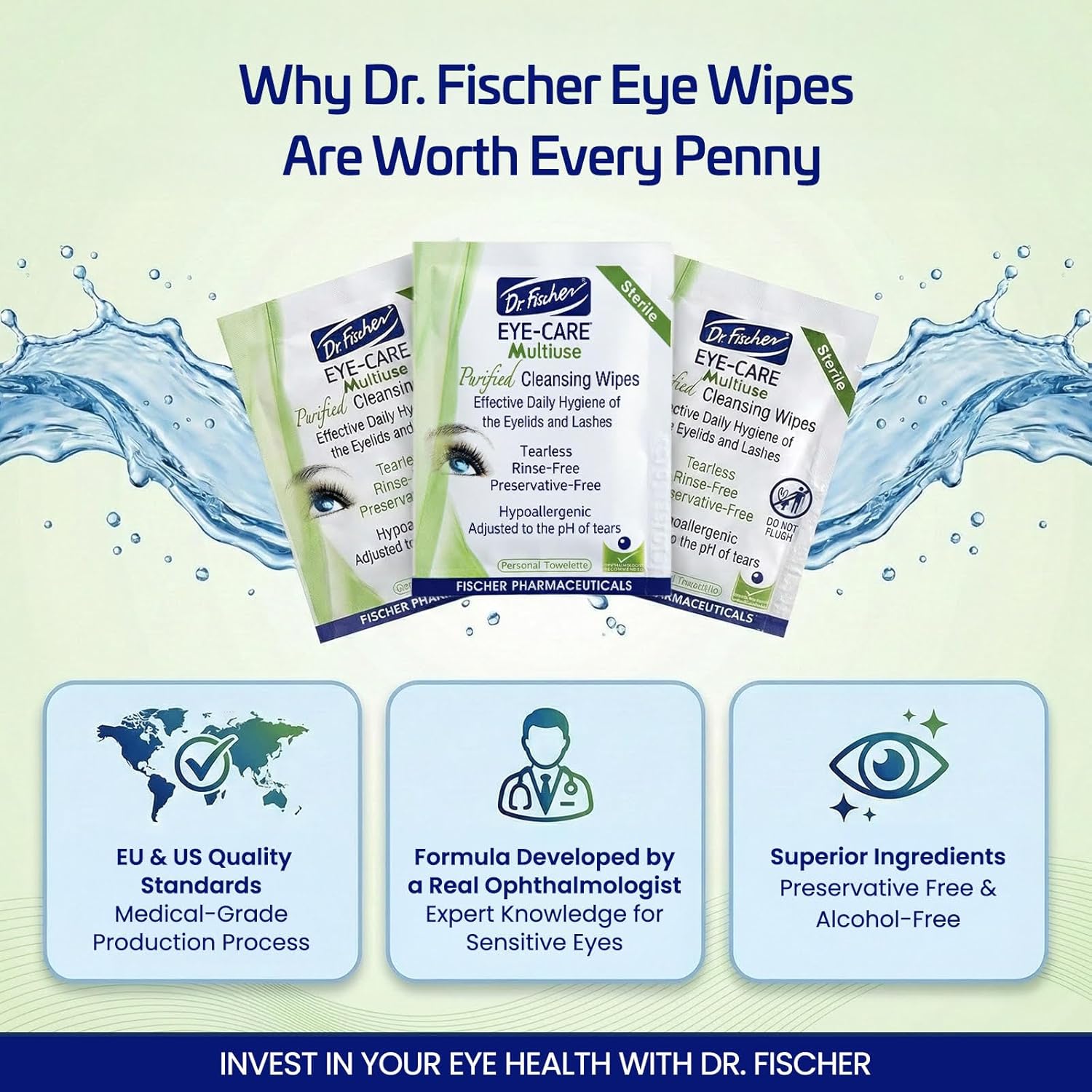 Dr. Fischer Eyelid Wipes - Hypoallergenic Preservative-Free Eye Cleansing Wipes for Sensitive Eyelids (Twin Pack). - Image 7