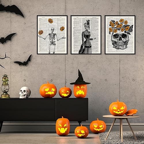 Miniatura 6 de Whaline 6 impresiones artísticas de esqueleto de Halloween de 11 x 14 pulgadas, espeluznante arte gótico para pared, póster de Murciélago Bruja,