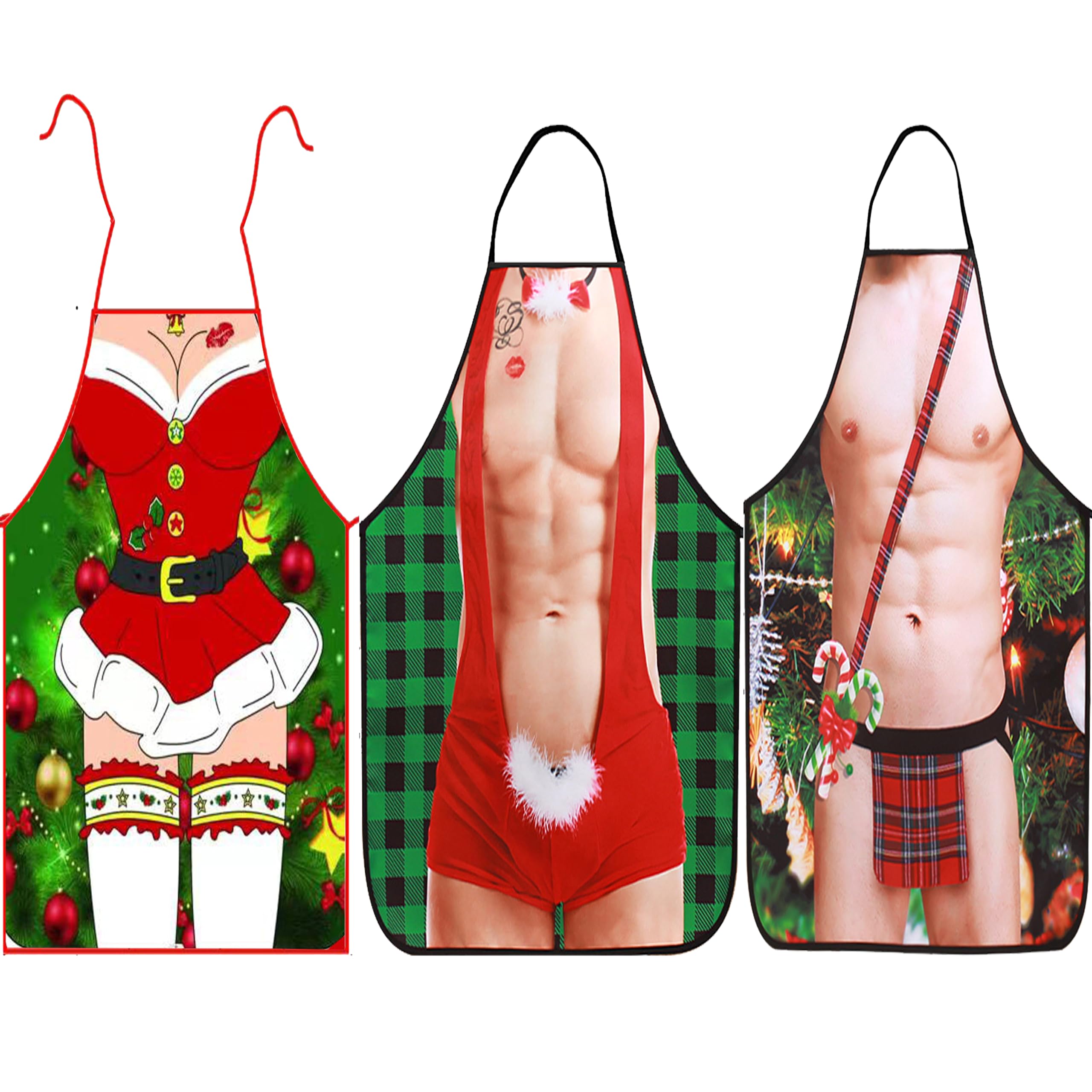 LIKPOJA 3 PCS Christmas Kitchen Cooking Aprons Wife and Husband Novelty Sexy Aprons Couples Secret Santa Funny Christmas Gifts for Women and Men Dinner Party(Pack of 3,Wife and Husband A14)