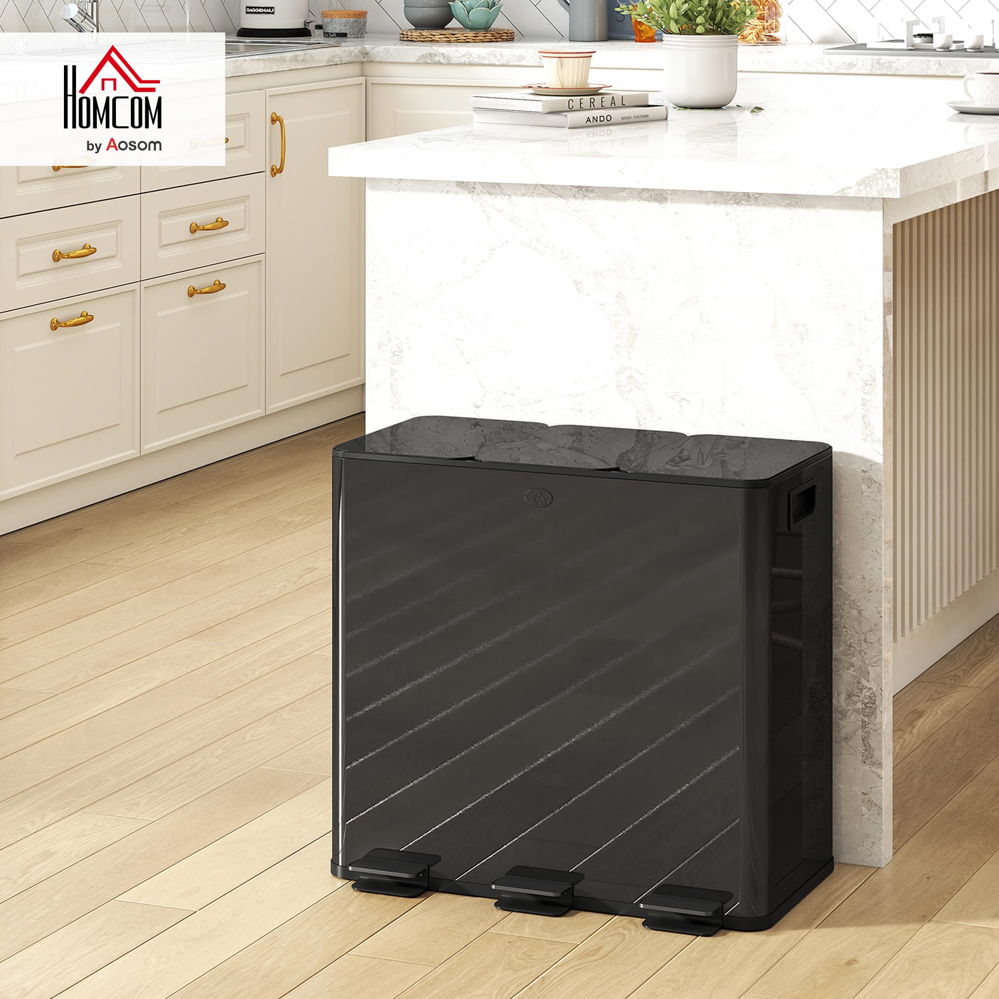 HOMCOM Pattumiera Differenziata 3 Scomparti 20L da Cucina a Pedale, Cestino Spazzatura con 3 Coperchi a Chiusura Silenziosa in Acciaio Inox e PP, 61.9x36.6x56.7 cm, Nero