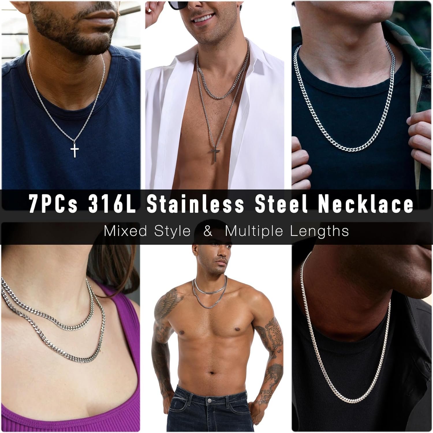 stino 7/8PCs Stainless Steel Chain Necklace Set for Men Women, Silver Tone Necklace Chains Bulk, Figaro Chain, Snake Chain, Cuban Link Chain, Rope Chain. - Image 2