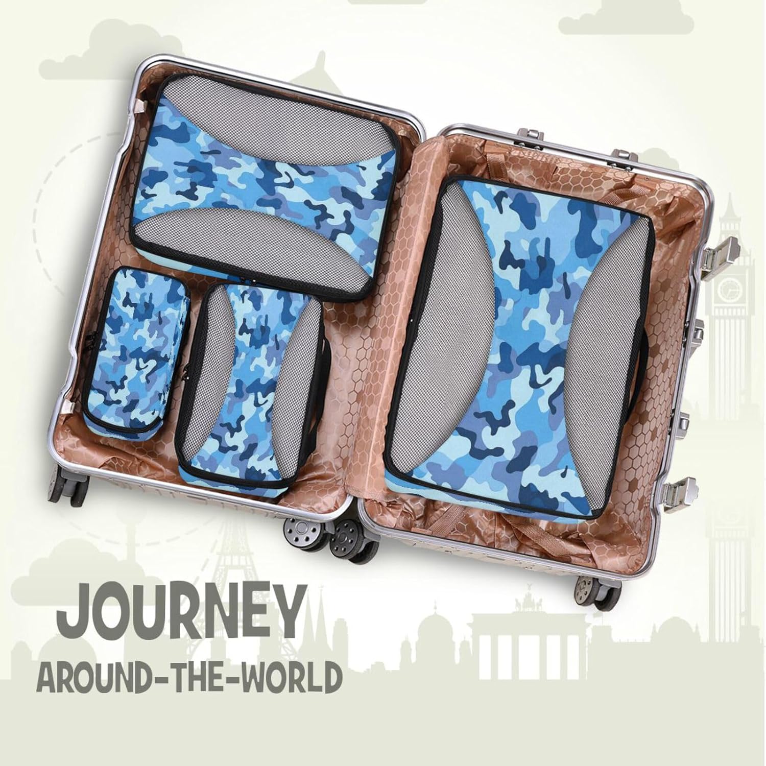 Camouflage Blue Dark 4 Pcs set organizer bags for Mesh Travel Essentials portable packing cubes