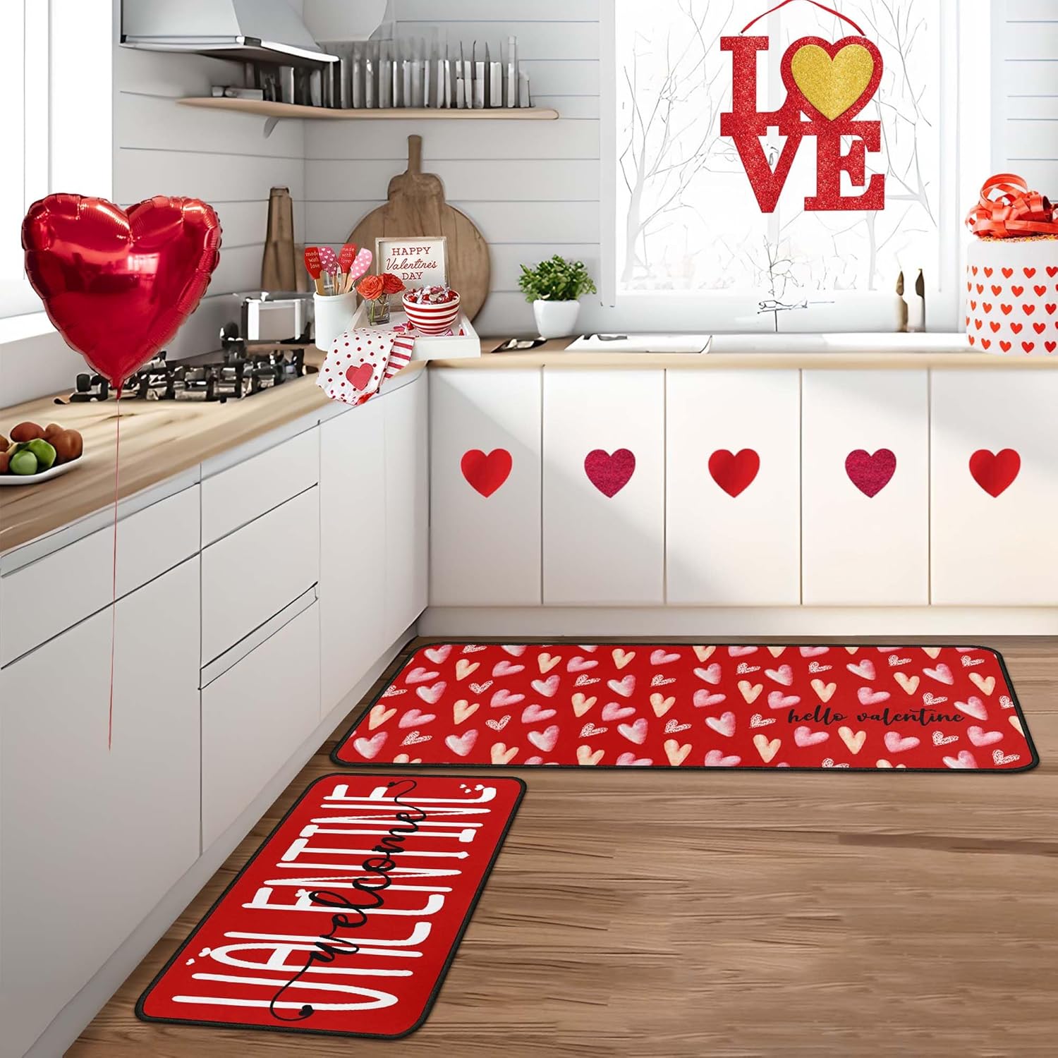 Valentines Kitchen Rugs and Mats Set of 2, Valentine Decor Non Slip Backing Valentine Day Kitchen Mat Valentines Decorations for Home Kitchen Floor Mat 17"x47"+17"x30"