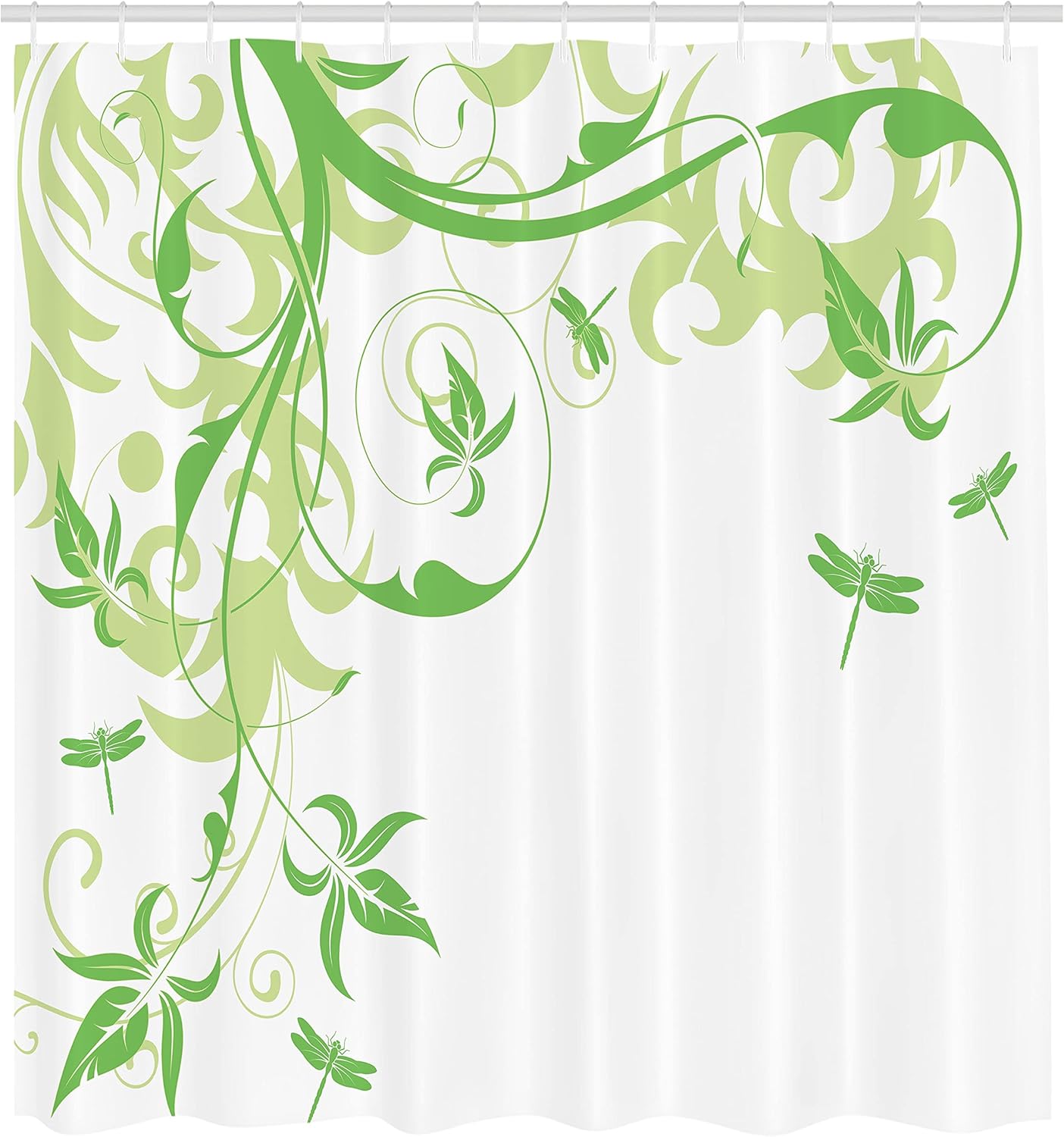 Ambesonne Dragonfly Shower Curtain, Swirled Floral Background Damask Curl Branches and Leaves Print, Cloth Fabric Bathroom Decor Set with Hooks, 69" W x 70" L, Lime Green