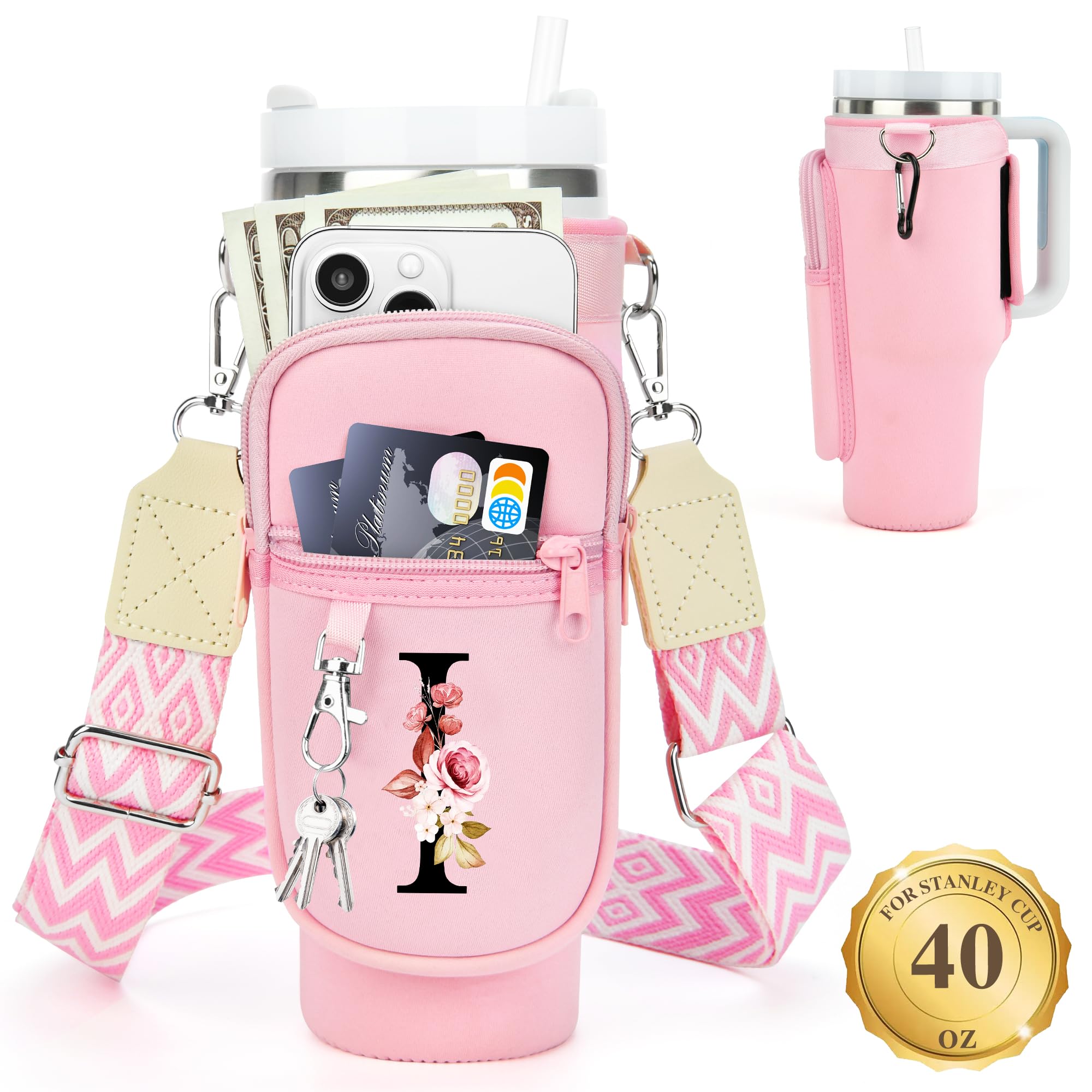 Personalized Water Bottle Holder with Strap for Stanley Cup Accessories 40 oz Tumbler, Initial Water Bottle Carrier Bag W/ Phone Pocket, Ideal