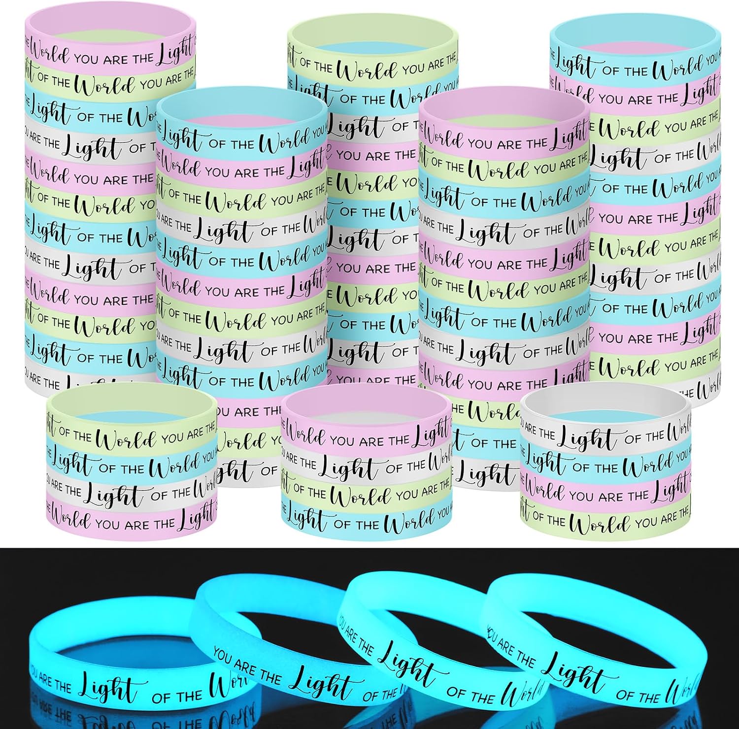 50 Pcs 2026 Vbs Rubber Wristbands Glow in The Dark for Summer Vacation Vbs Illumination Station Decorations Bulk Christian Gifts for Classroom School Bible Decoration