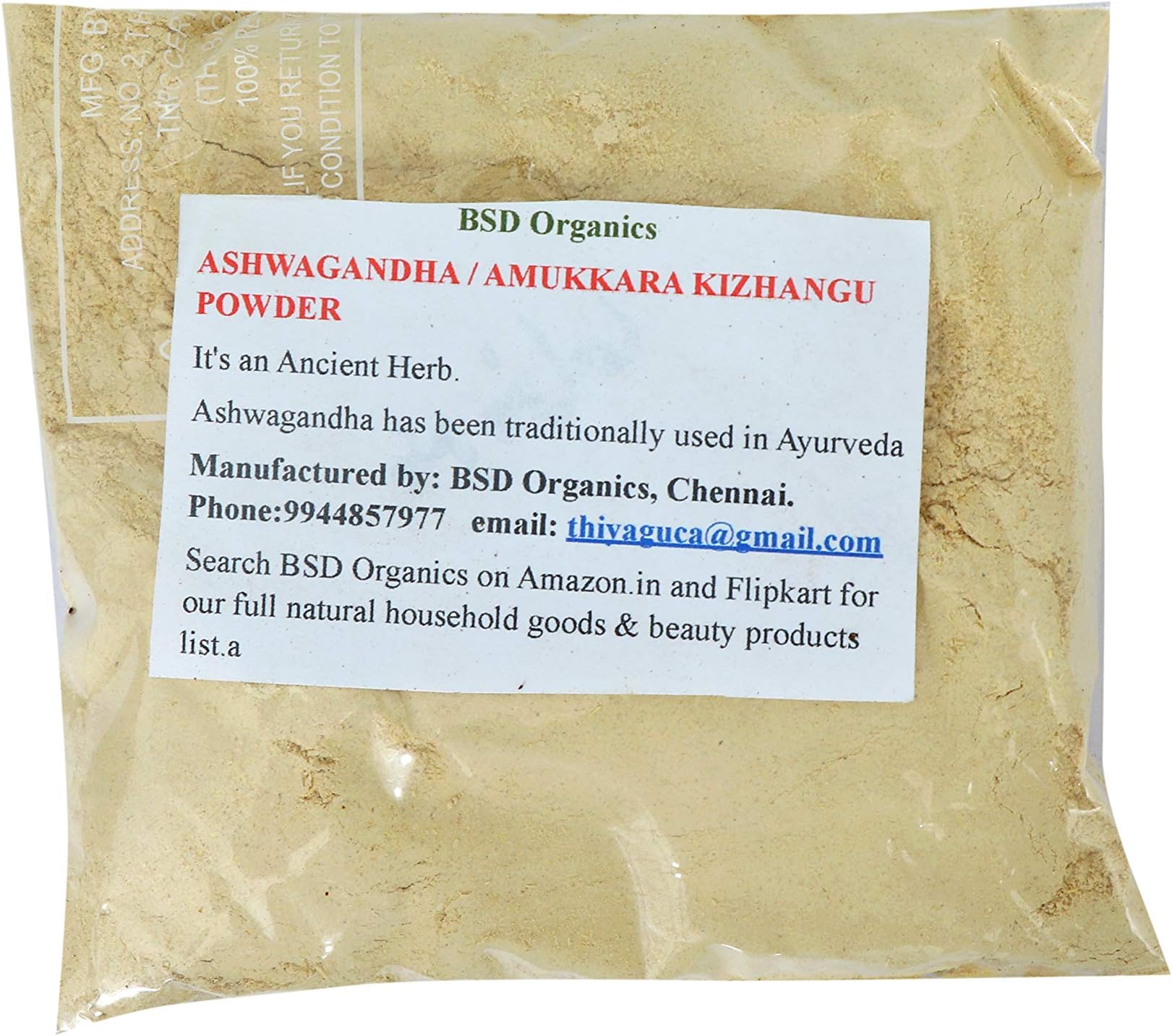 BSD Organics Ashwagandha/Amukkara Kizhangu Powder,100g