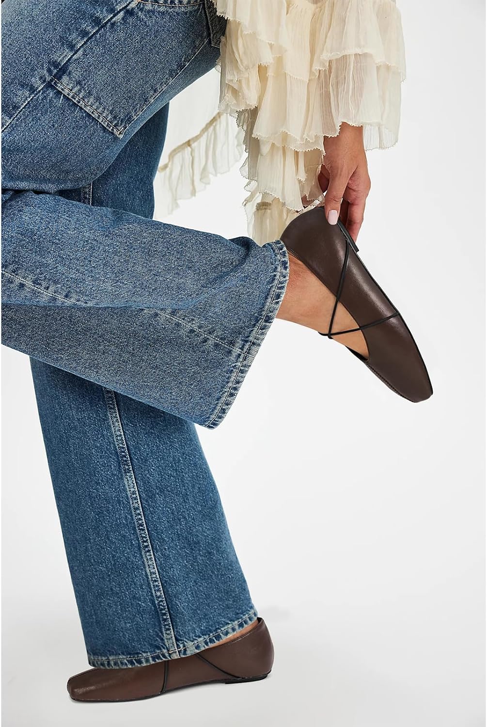 Square Toe Ballet Flats for Women Criss-Cross Straps Mary Jane Flat Shoes Comfortable Slip On Leather Ballerina - Image 2