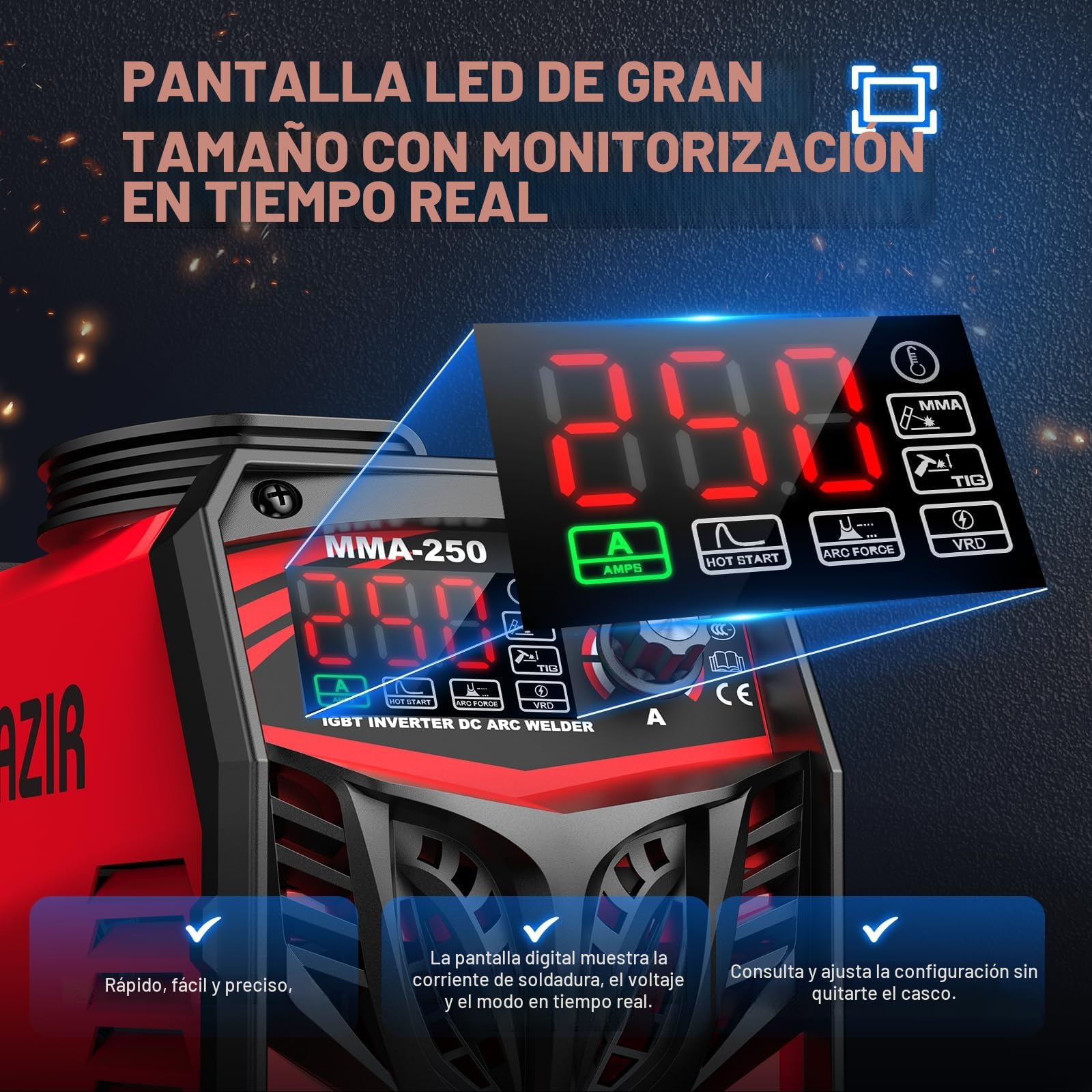 Soldador ARC 250A 220V con pantalla LED, soldadora portátil IGBT con Hot Start, Arc Force & Anti-Stick, kit completo para bricolaje, taller y granja