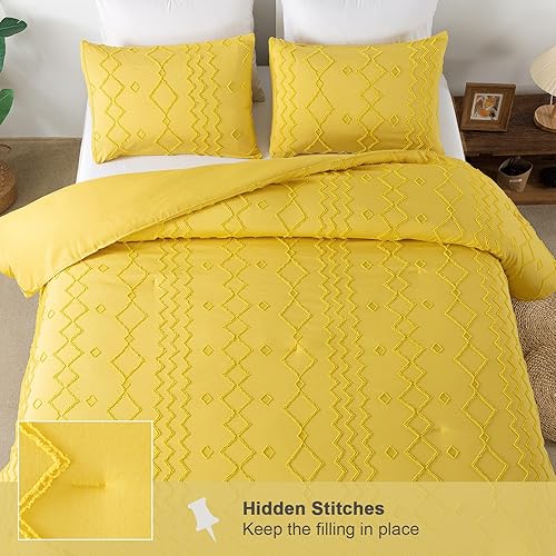 Miniatura 7 de Andency Juego de edredón amarillo copetudo, tamaño Queen (90 x 90 pulgadas), 3 piezas (1 edredón acolchado y 2 fundas de almohada), edredón bohemio