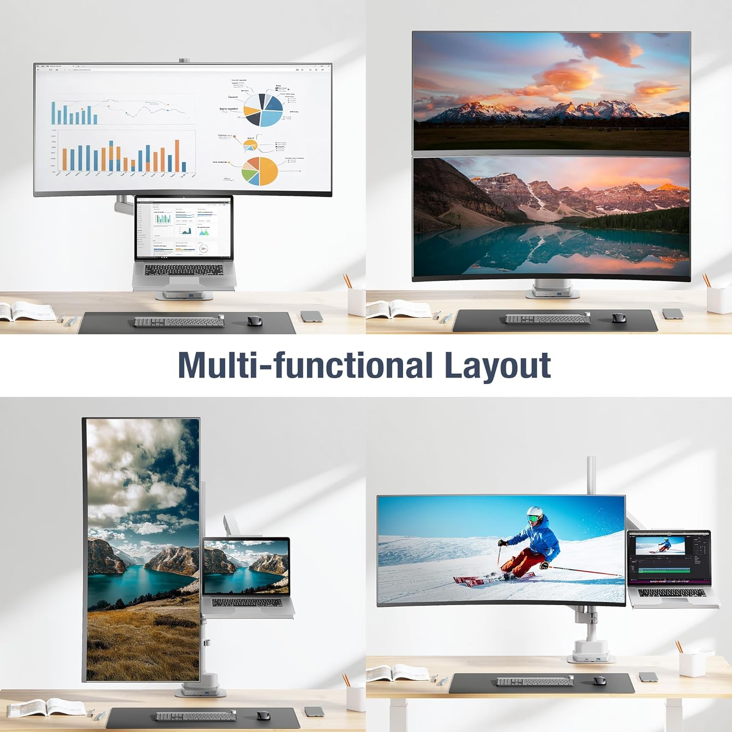 AVLT Laptop & 40 Inch Monitor Arm Pole Top Mount with USB-C&A Ports-Gray, VESA Compatible, Supports 26.4 lbs (12 kg), Ultrawide Screen Fit, Adjustable Height, Tilt Swivel Rotate, Cable Management