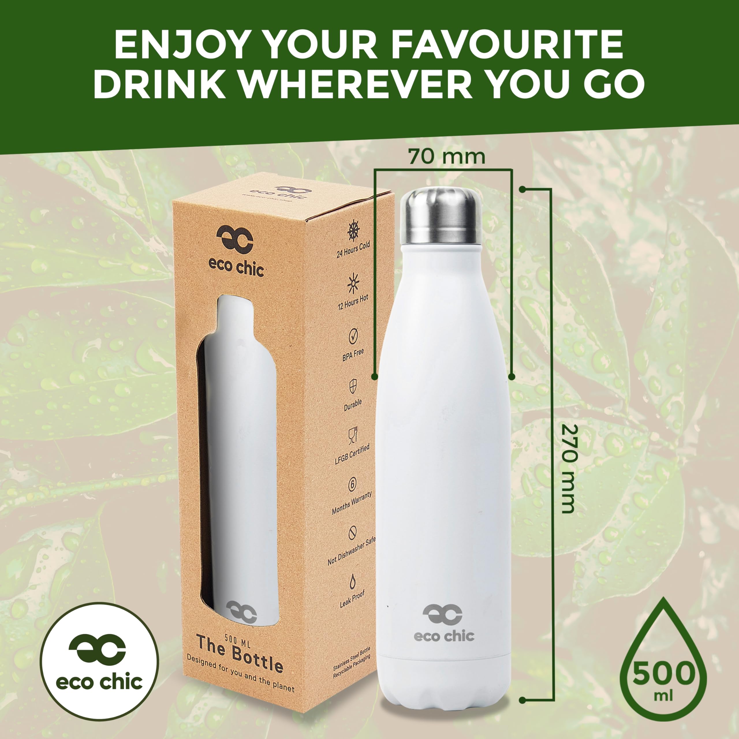 Eco Chic Herbruikbare thermische fles | Roestvrijstalen geïsoleerde reisfles met lekvrij deksel | Milieuvriendelijk en herbruikbaar voor warme en koude dranken (massief wit