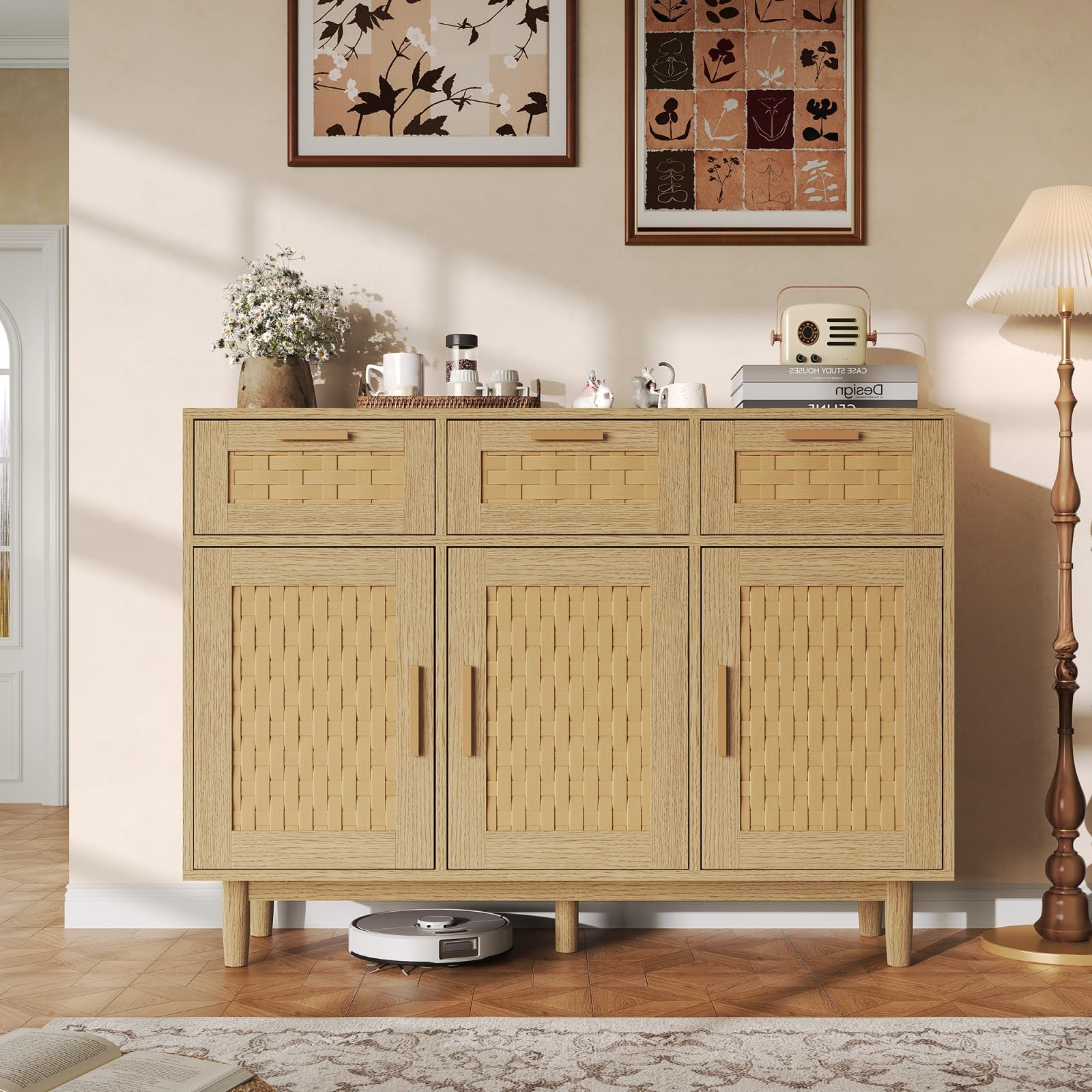 Kredens rattanowy z 3 szufladami i 3 drzwiami, szafka do przechowywania 107,9 x 40 x 80 cm z szafkami na drzwi, komoda z szufladami z nogami, kredens do przechowywania do przedpokoju, wejścia