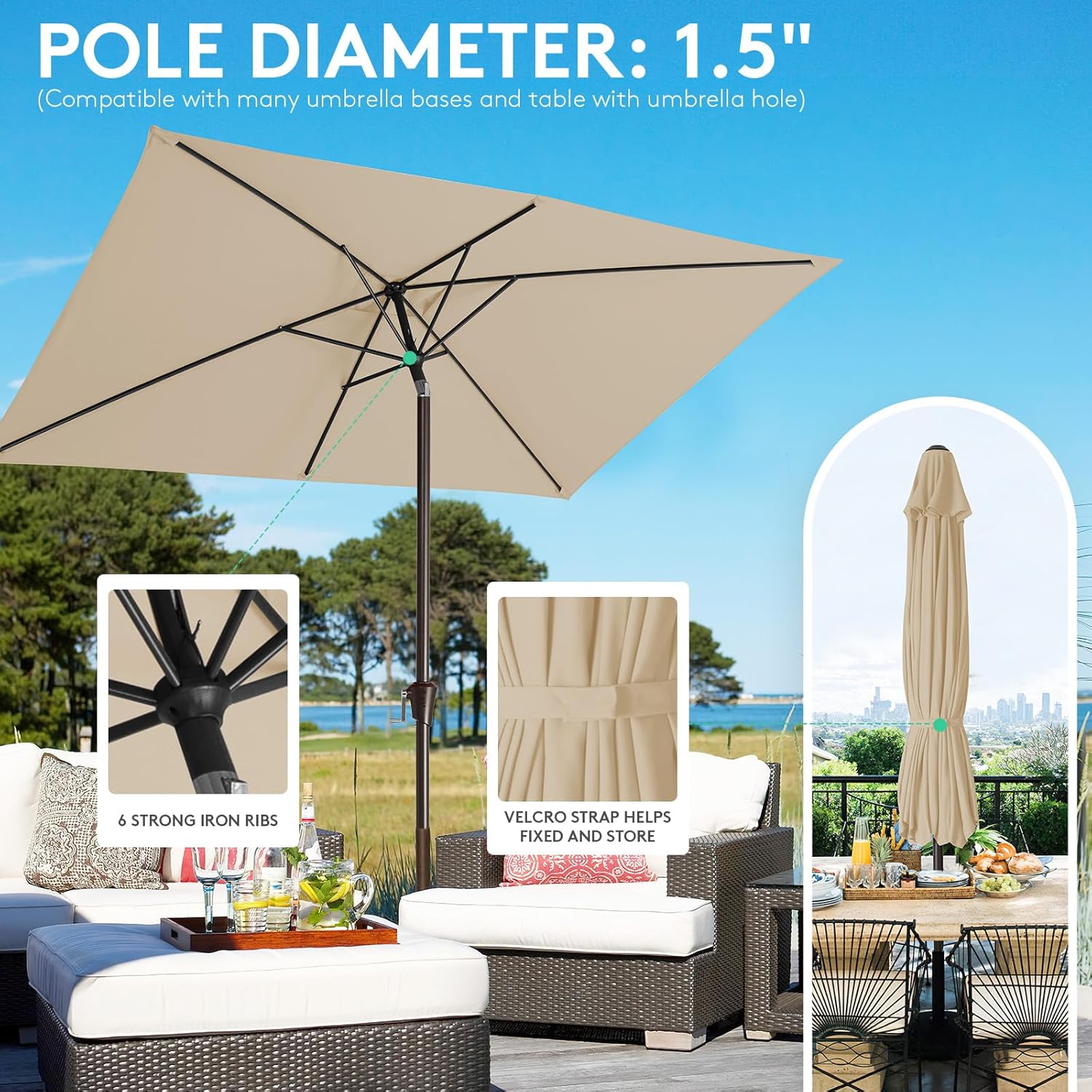 JEAREY 6.5x10ft Olefin Rectangular Patio Umbrella, Rectangle Outdoor Umbrellas with Auto Tilt Crank System, Market Table Umbrella UV Protection Fade-Resistant for Pool Deck Garden Yard, Beige