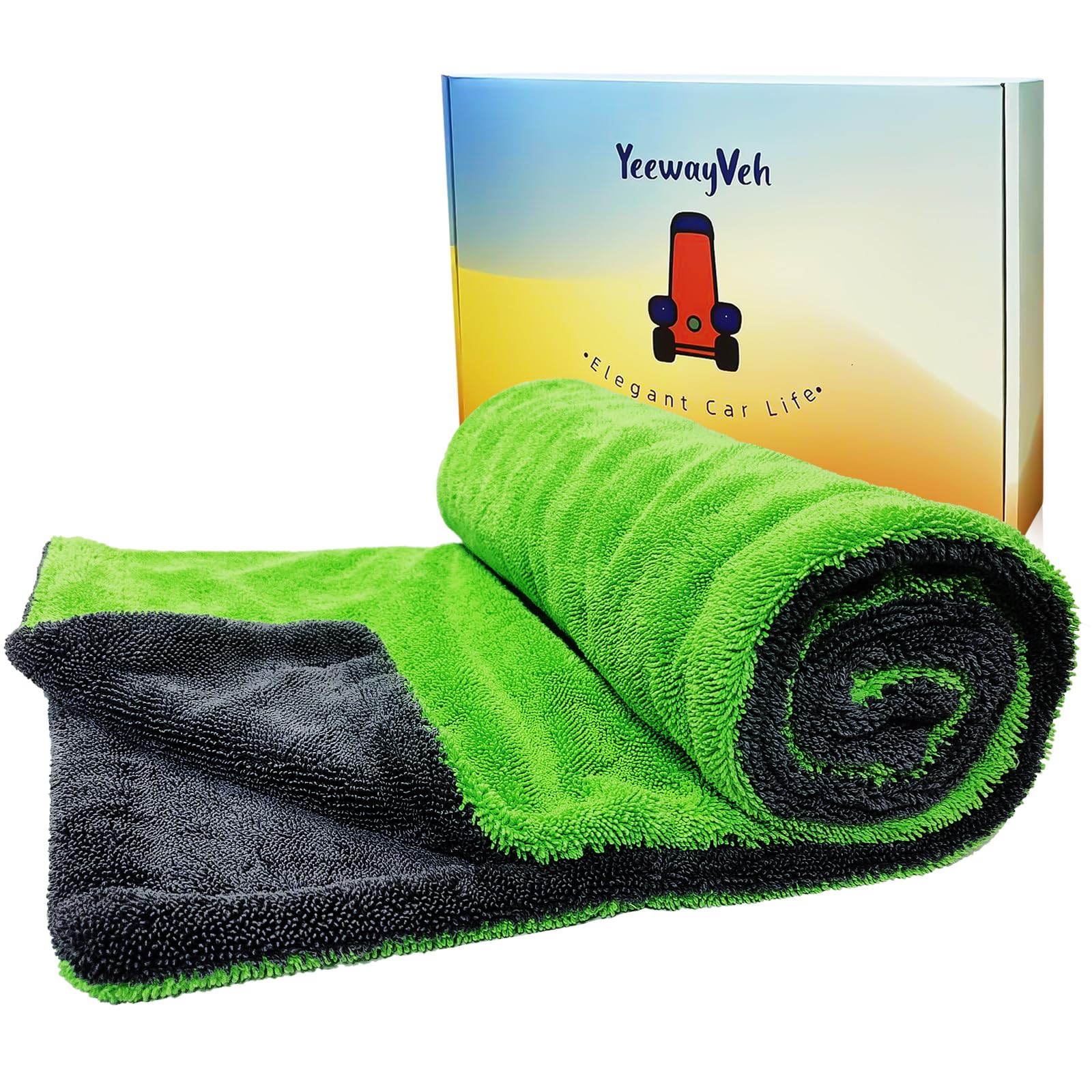 YeewayVeh 'Agile Giant' Car Drying Towel, 28x36 Inch Quick Car Wash Drying Towels, 1400 GSM Super Absorbent, Double Sided Microfiber Towels for Cars Effortless & Scratch-Free Detailing, Green