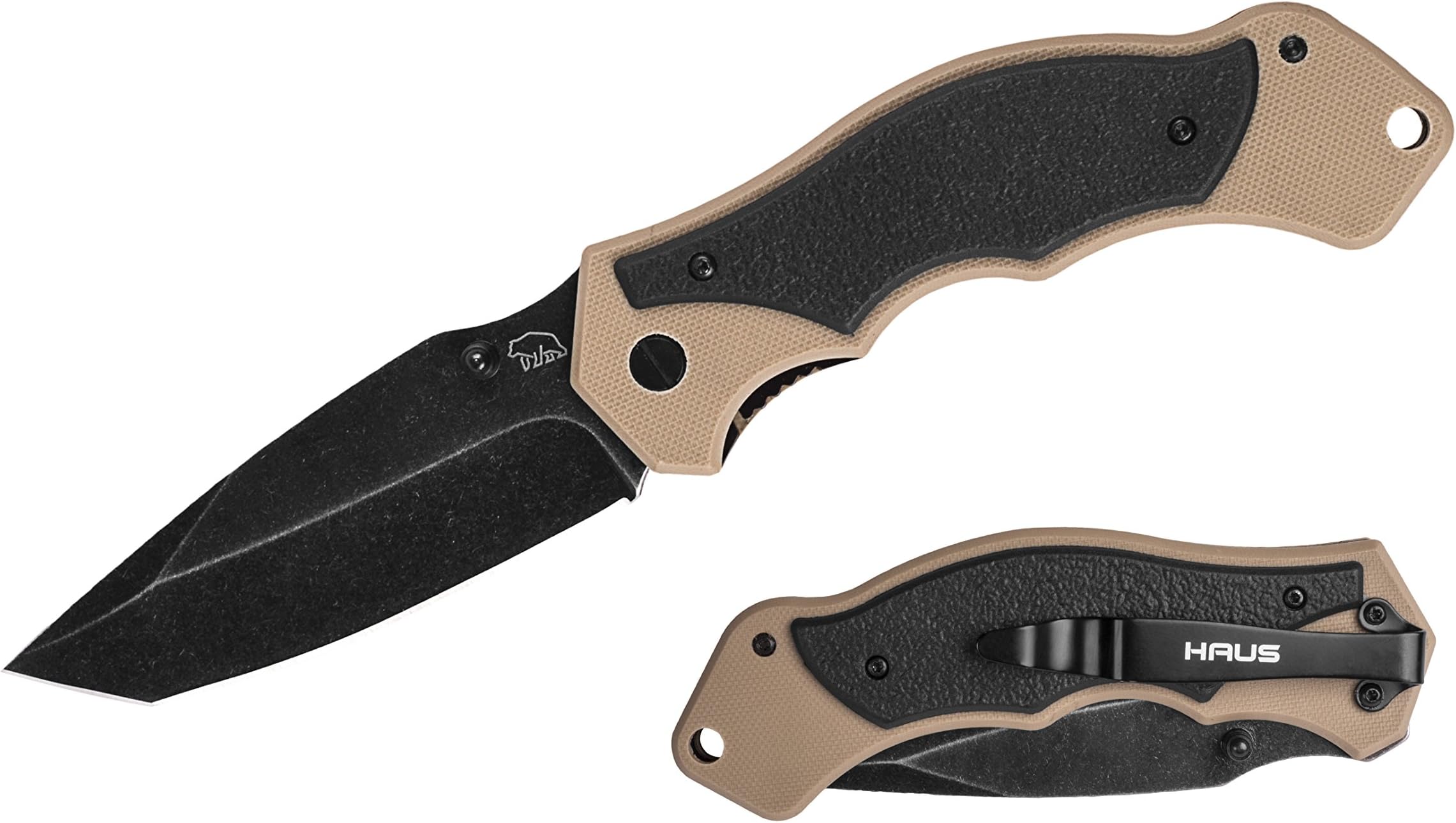 HAUS Tactical Folding Knife, Chilkat, Everyday Carry, Dark Stone Washed Blade, G10 Scale Handle, 5 Inch Folded (Tan)