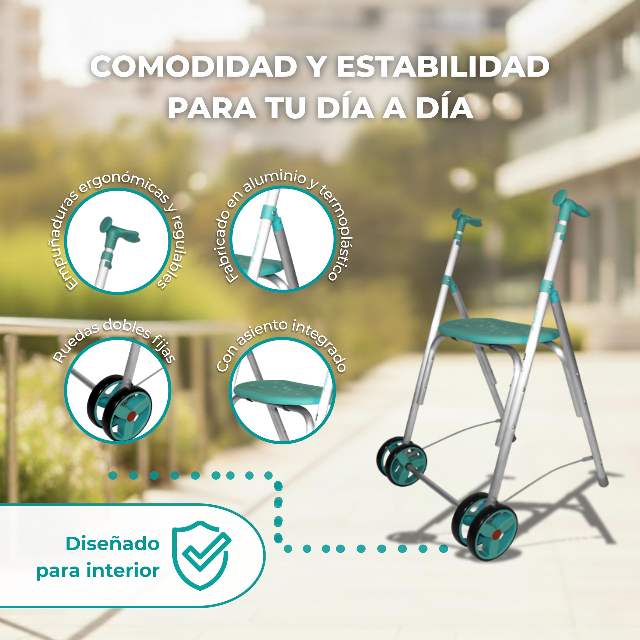 Forta Kamaleon - Andador Ligero y Plegable para Personas Mayores - Con Asiento, Altura Regulable y Ruedas Dobles Delanteras Fijas - Para Uso en Interiores - Capacidad de Carga hasta 150 kg (Esmeralda)