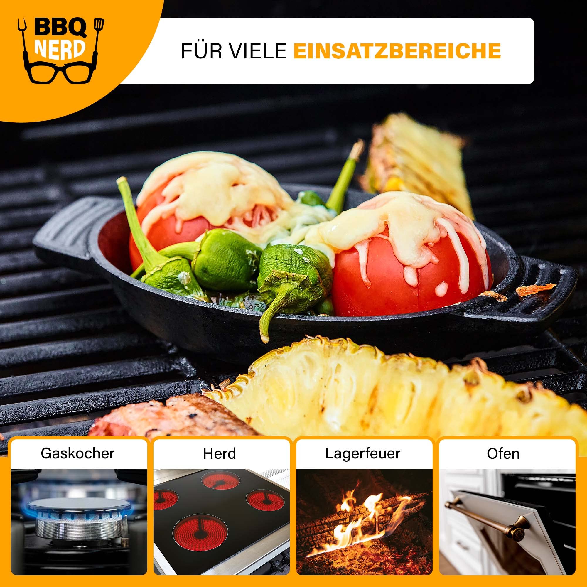 BBQ-Nerd Servierpfännchen aus Gusseisen im 6er Set - Grillpfännchen - oval 22,5x13 cm - zum Braten Überbacken Grillen Anrichten Servieren - Gusspfännchen für einzelne Portionen