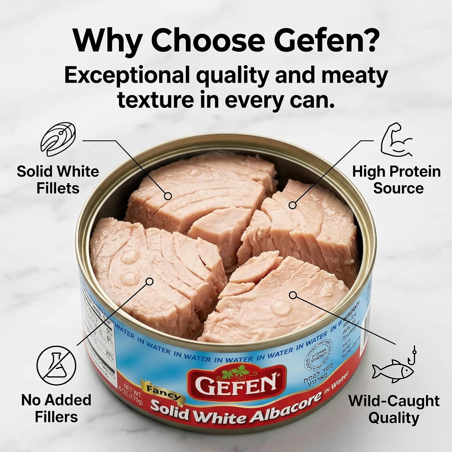 Gefen Solid White Albacore Tuna in Water 6oz (6 Pack), Kosher for Passover