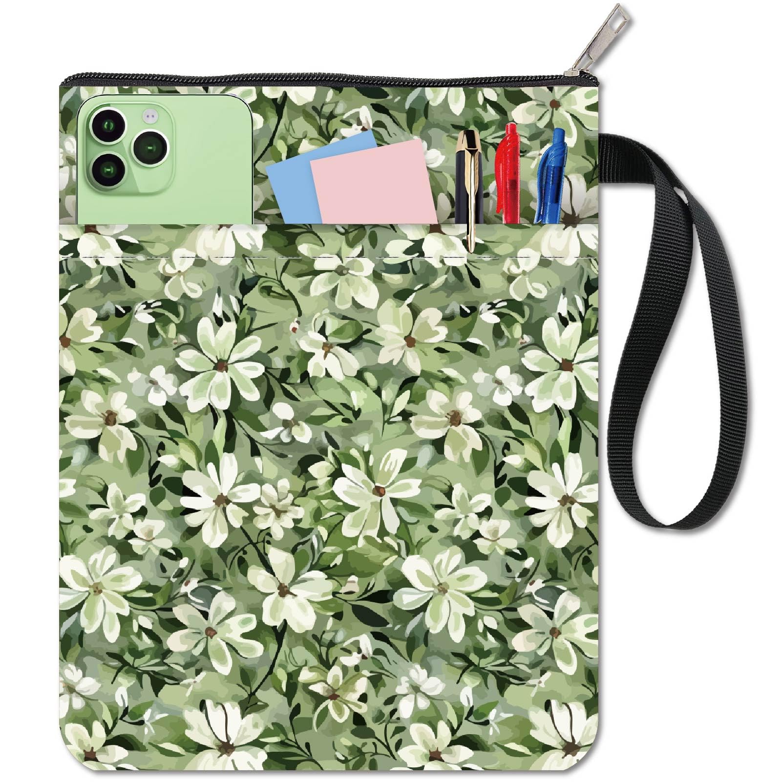 CRASPIRE Book Sleeve Green Floral Watercolor Book Protector with Zipper and Front Pocket Washable Fabric Flower Notebook Cover Pouch Case for Textbook Protection Bag Students Librarian 11 x 8.6 Inch