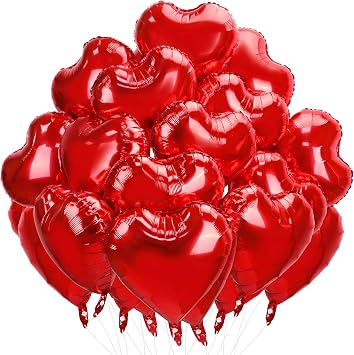 25 Pieces Red Heart Balloons, 18 Inch Heart Shaped Foil Balloons