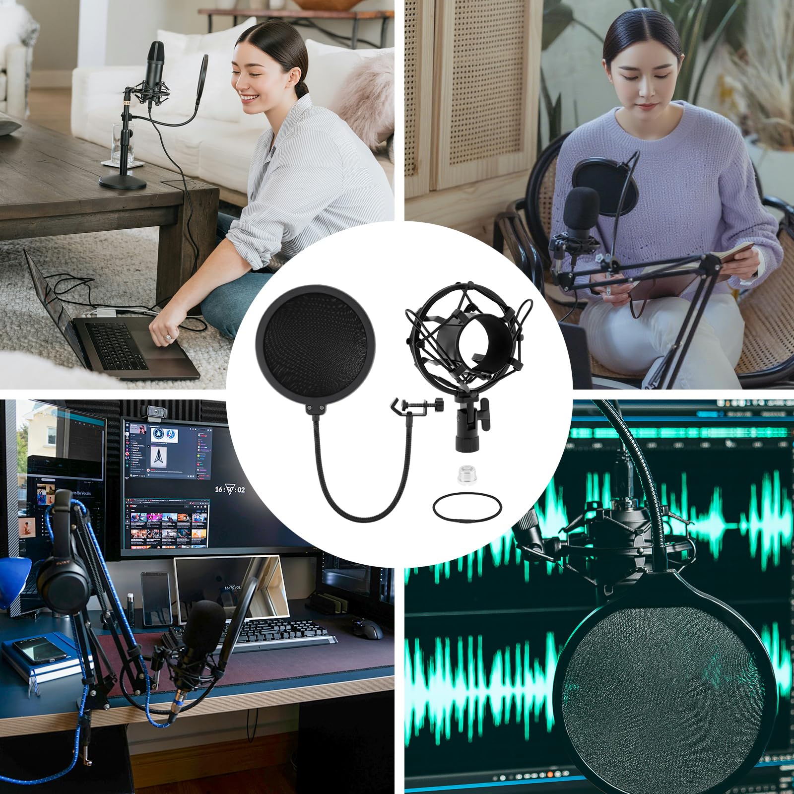 Soporte antivibración para micrófonos de condensador de 46 mm a 50 mm con filtro pop para grabación de música de estudio, pantalla Wind Pop flexible de 360 grados con cuello de cisne