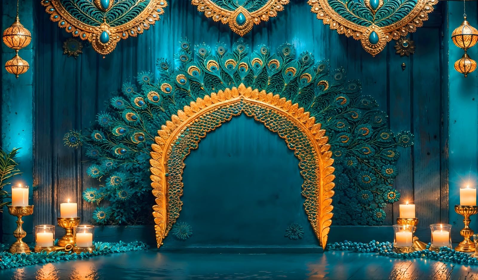 Royal Peacock Arch Backdrop | Teal & Gold Floral Design for Wedding, Pooja & Photography Background Curtain Cloth Fabric-Polyester Size 5 Feet Height and 8 Feet Width(5 * 8)-image-4