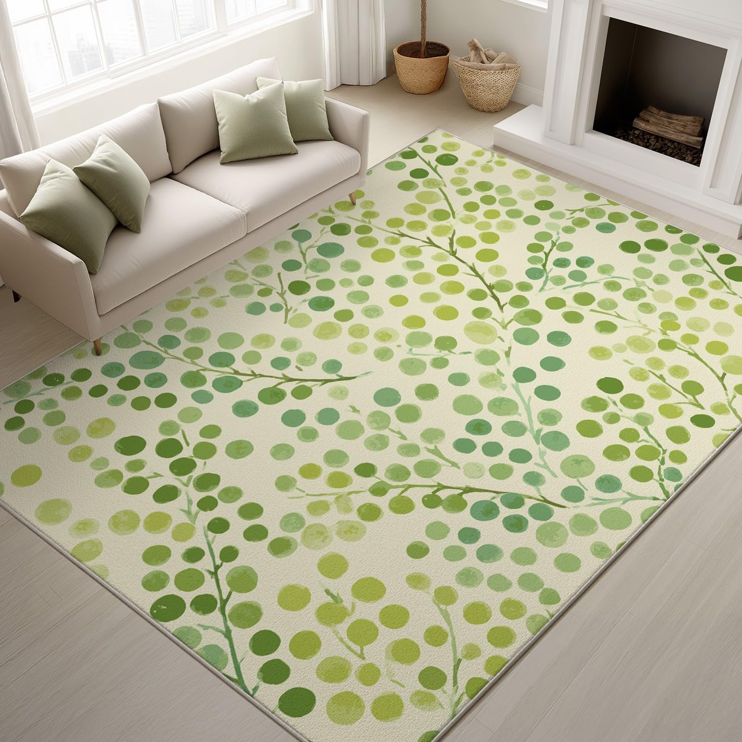 Generyczna wycieraczka do użytku w pomieszczeniach, 160 x 230 cm, nadaje się do prania w pralce, nowoczesna, minimalistyczna, elegancka w kropki, kremowo-zielony, antypoślizgowy, z niskim runem do