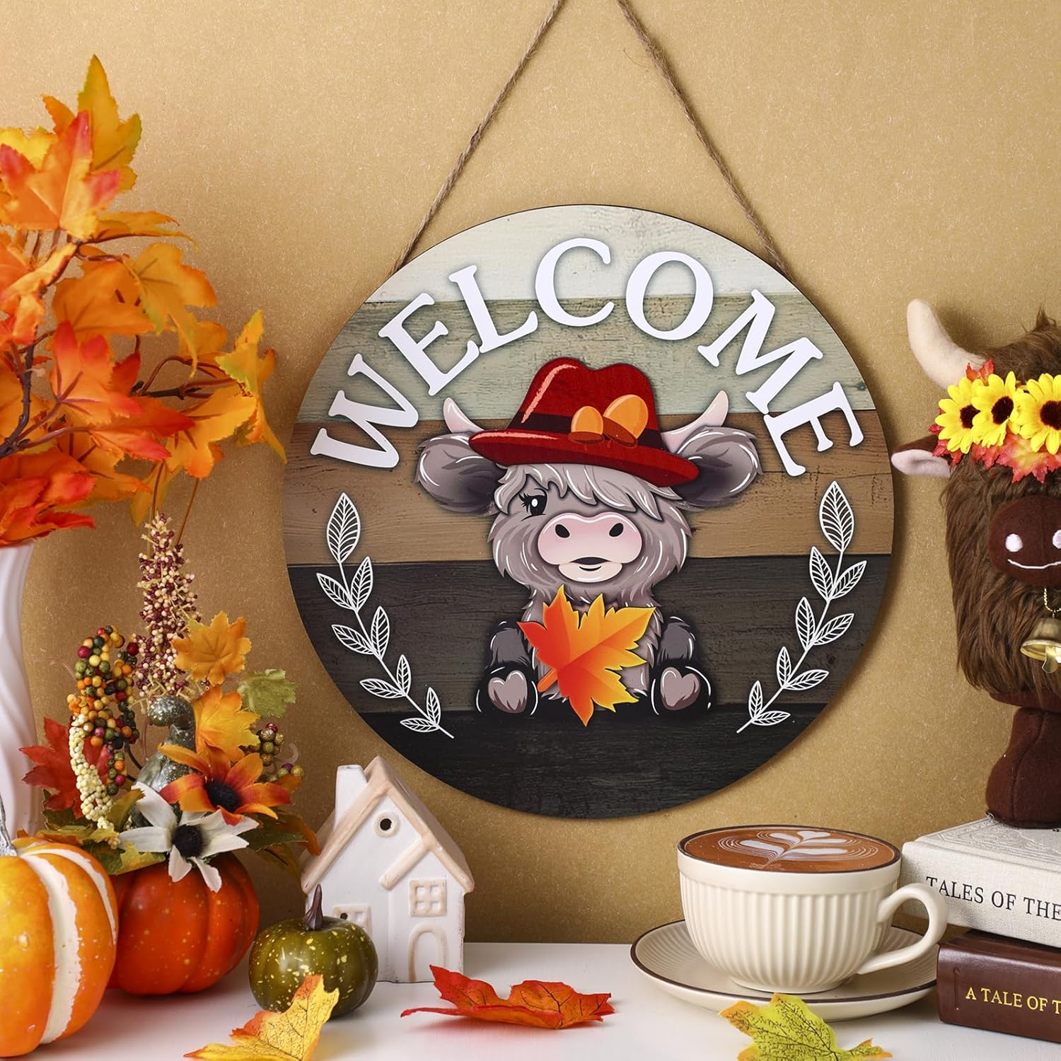 35 Pcs Holiday Interchangeable Highland Cow Welcome Sign Highland Cow Seasonal Wooden Hanging Door Decor Valentines Farmhouse Hanging Sign for Front Door Winter Party Decoration Gift(Light Brown) - Image 6