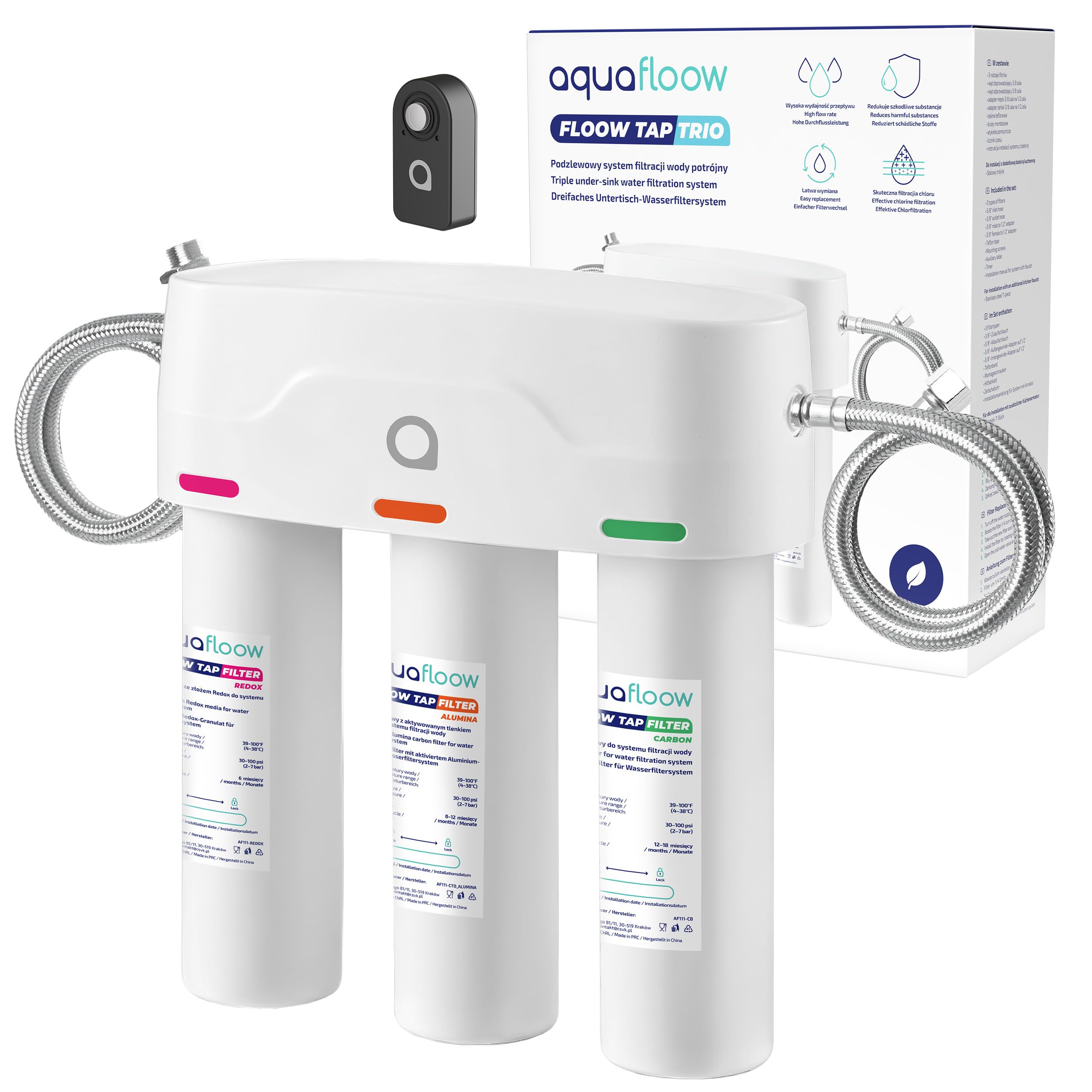 Aquafloow Filtro Acqua Sistema di Filtraggio, 3 Stadi Depuratore Acqua Domestico per Sotto Bancone, Connessione Diretta, con Timer, Rimozione di Piombo, Cloro, Fluoro, Odori e Alta Efficienza