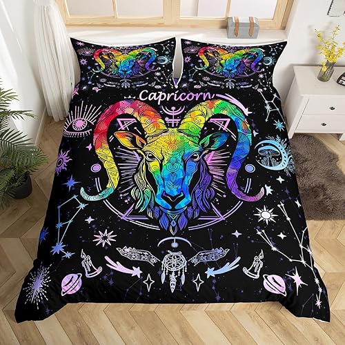Juego de funda de edredón de Capricornio para niños, tamaño matrimonial, funda de edredón con 2 fundas de almohada, diseño de astrología trippy para