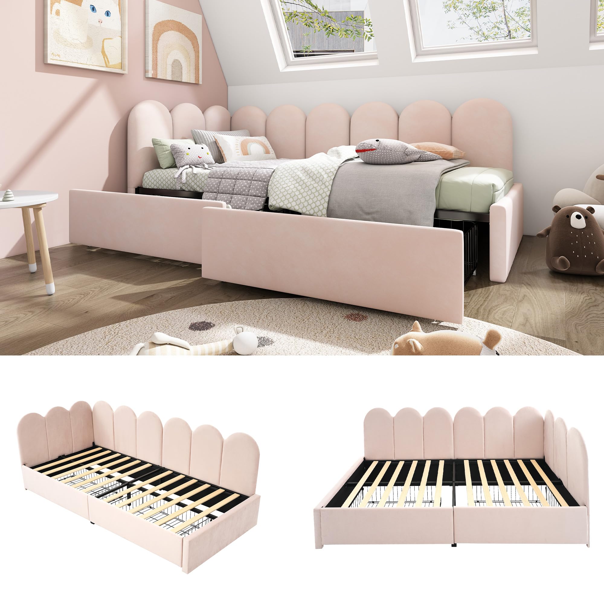 Letto singolo imbottito 90x200cm, con cassetti letto contenitore, divano letto diurno con rete a doghe letto per giovani e adulti letto per bambini, Rosa