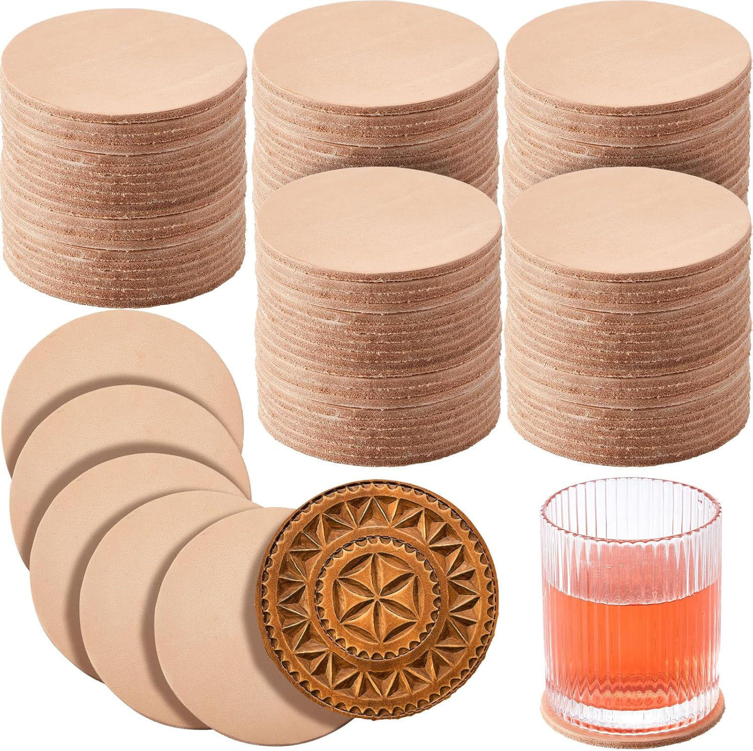 Bulyoou 25 Pack Round Vegetable Tan Leather 3-1/4" Tooling Veg Circular Leather Pieces Sheet for Laser Engraving Coasters Tooling Stamping Carving, Thickness 3.2 mm