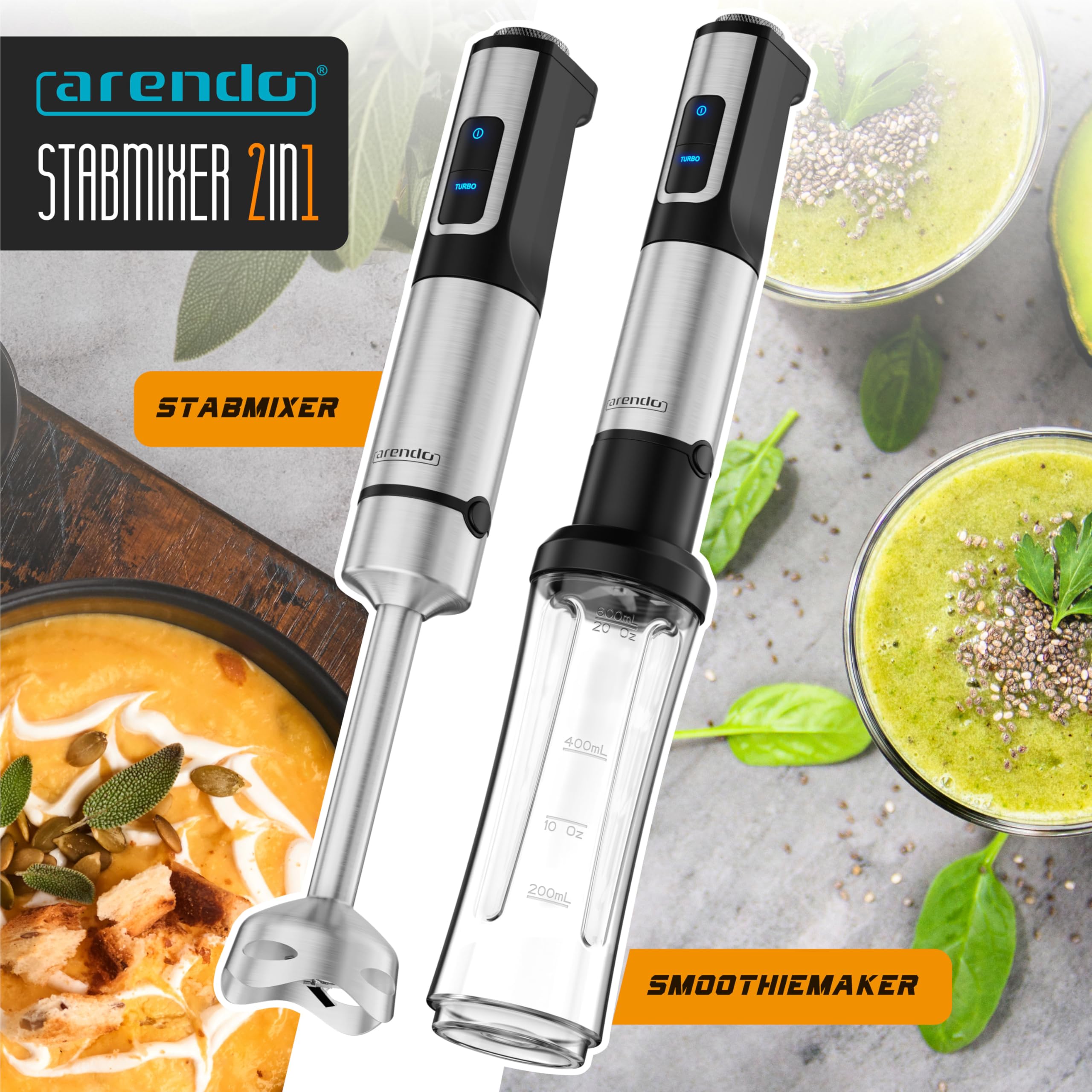 Arendo - Edelstahl Stabmixer 1500 Watt – Standmixer mit Trinkflasche Deckel und Messereinheit - Handmixer - Pürierstab - 12 Geschwindigkeitsstufen - Turbotaste – Smoothie Maker
