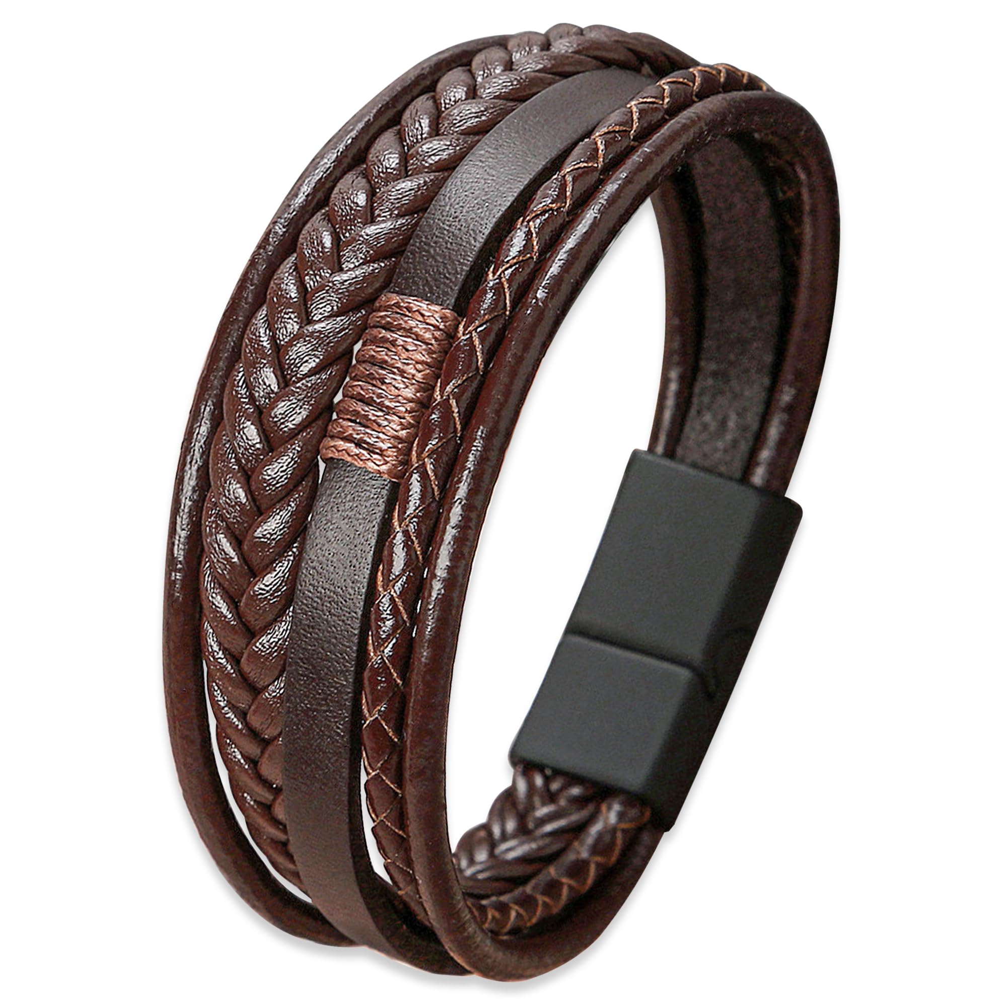 Mochity Pulsera Cuero Hombre 21cm, Pulsera Trenzada Cruzada Negro Marrón Azul, Pulseras Hombre Cuero Con Cierre Magnética, Brazalete Pulseras Para Hombre, Con Caja De Regalo