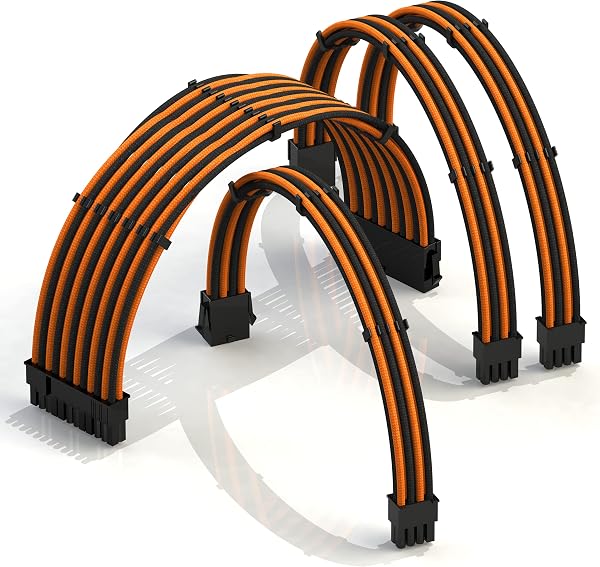LINKUP - AVA 50cm PSU Cable Extension Sleeved Custom Mod GPU PC Braided w/Comb Kit | 1 x 24 P (20+4) | 1 x 8 P (4+4) CPU | 2 x 8 P (6+2) GPU set | 500mm - OrangeBlack - 1