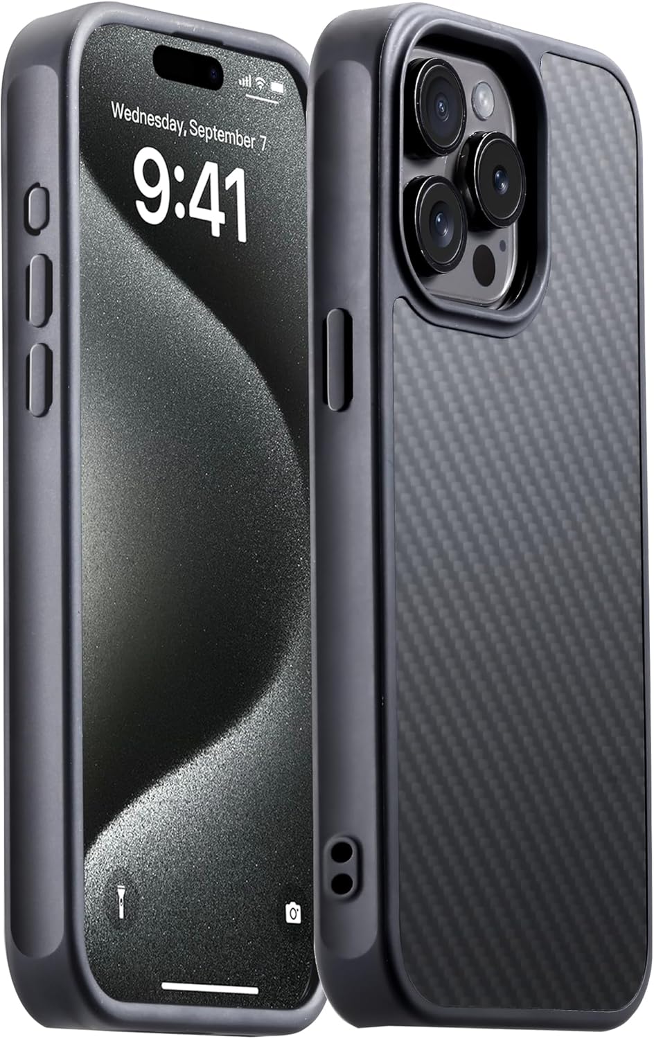 Carbon Fiber for iPhone 15 Pro Case Compatible with MagSafe, Shockproof Case, Aramid Fiber with Military-Grade Drop Cover, Supports Wireless Charging, Black/Grey(Twill)