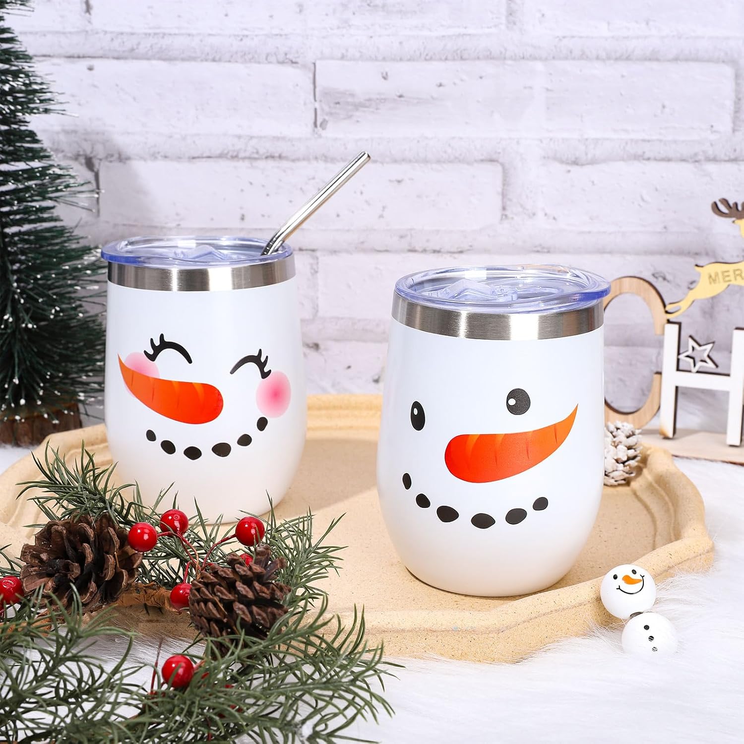 Whaline 2Pcs Christmas Stainless Steel Wine Tumbler 12oz Xmas Winter Snowman Insulated Coffee Cups Tumbler Mug with Lid and Straw for Women Girlfriend Besties Wife Lover Spouse Gifts - Image 5
